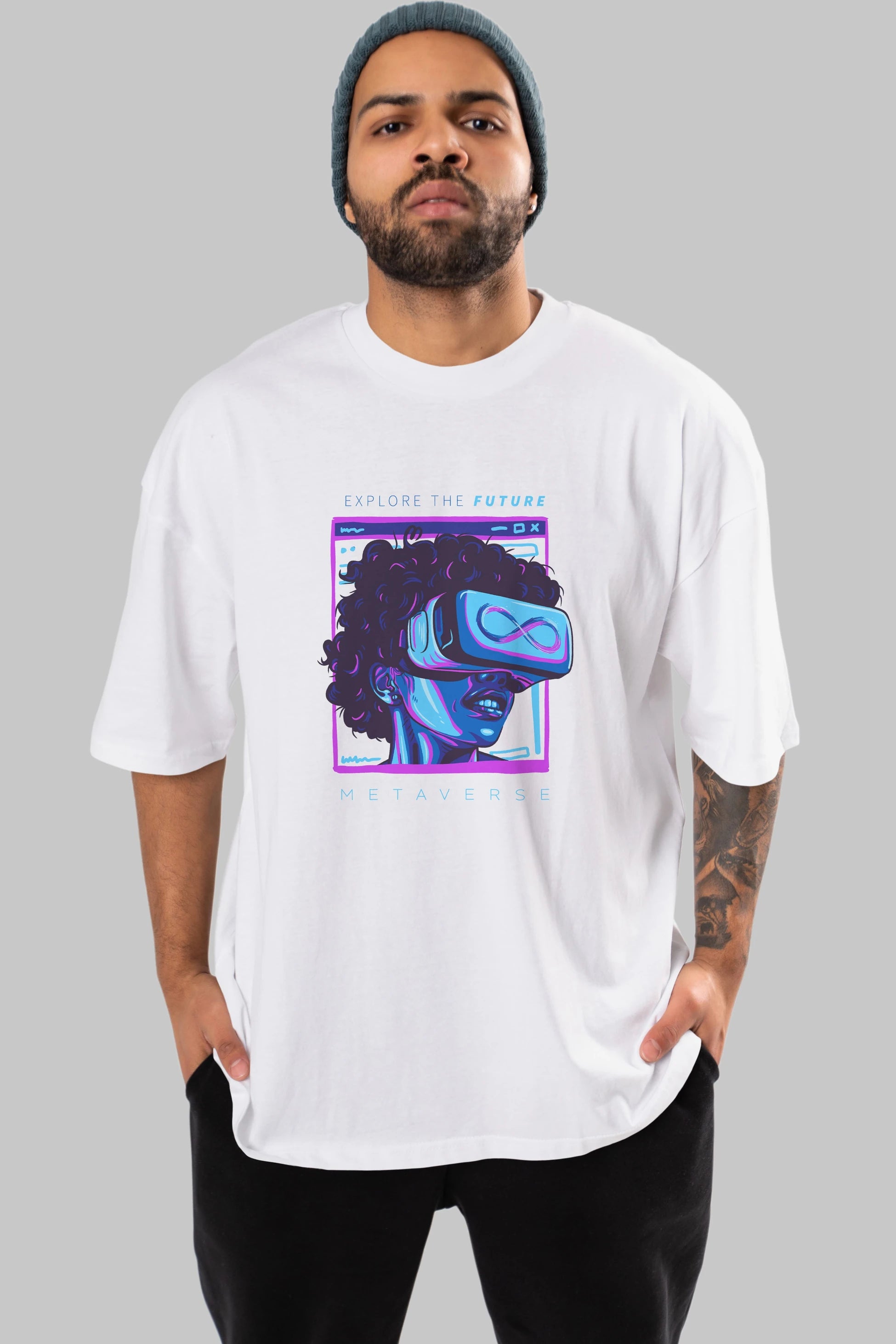 Metaverse Ön Baskılı Oversize t-shirt Erkek Kadın Unisex