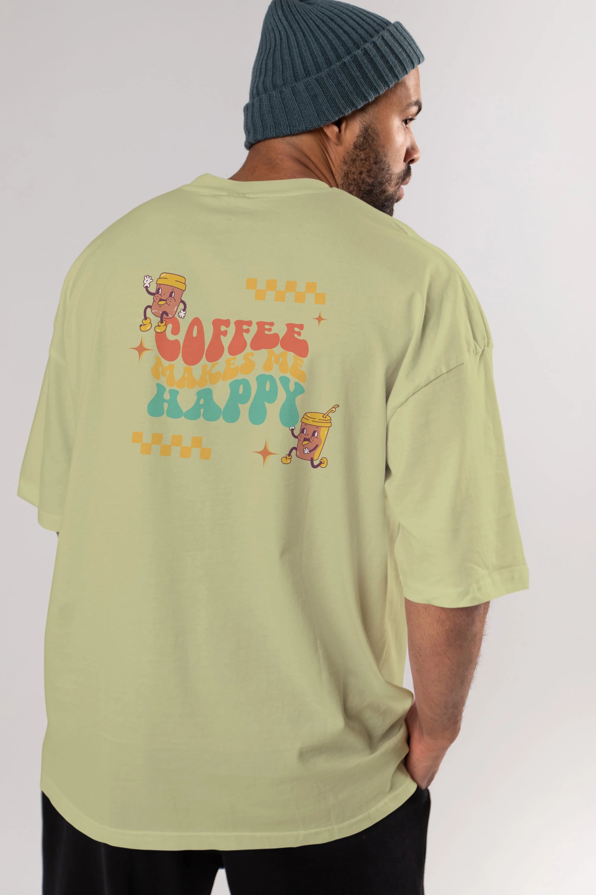 Coffee Makes Me Happy Yazılı Arka Baskılı Oversize t-shirt Erkek Kadın Unisex