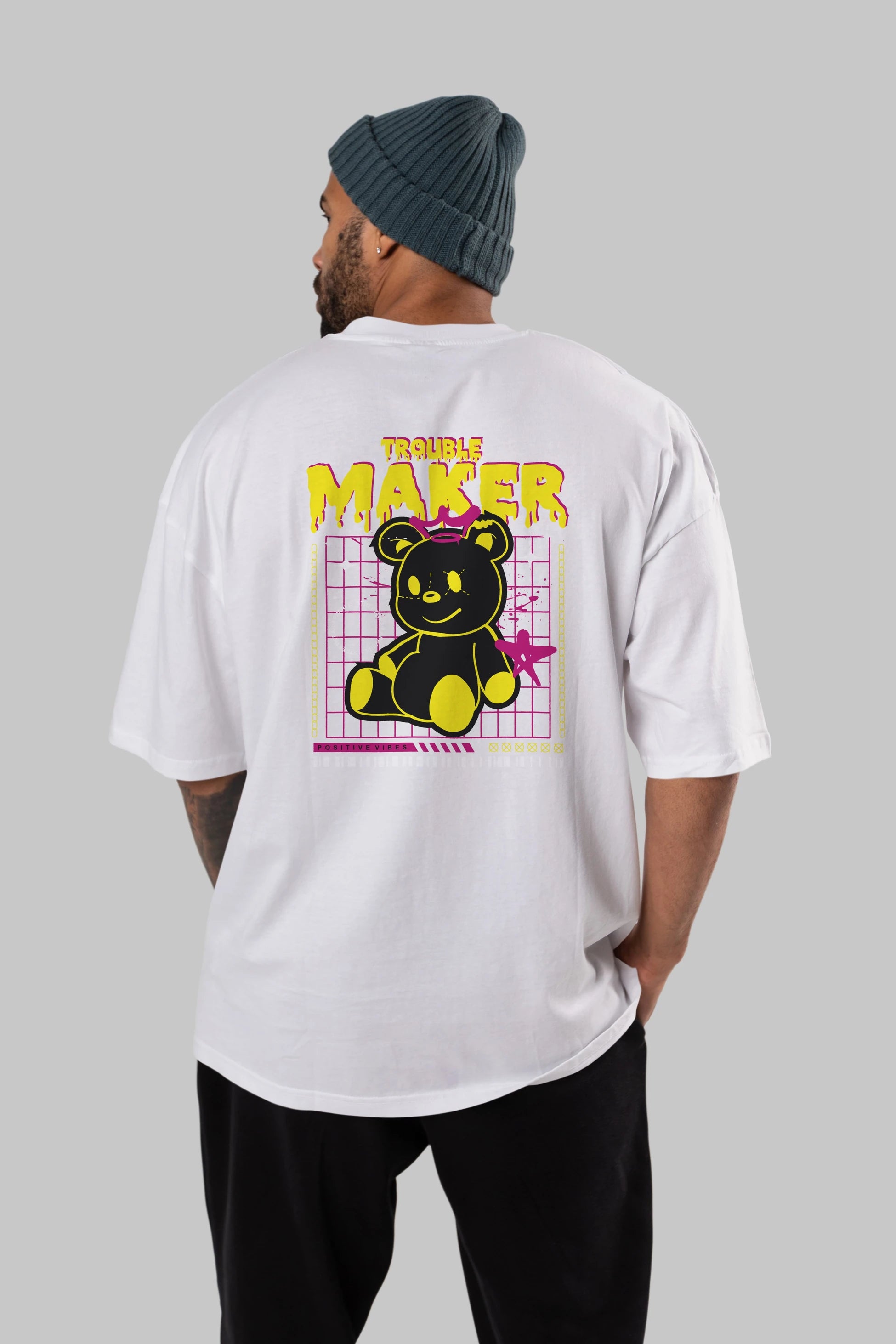 Teddy Bear Trouble Maker Arka Baskılı Oversize t-shirt Erkek Kadın Unisex