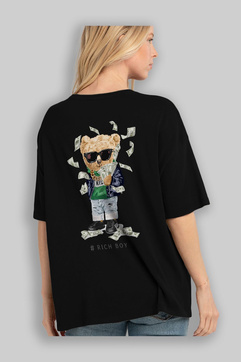 Teddy Bear Rich Boy Arka Baskılı Oversize t-shirt Erkek Kadın Unisex %100 Pamuk