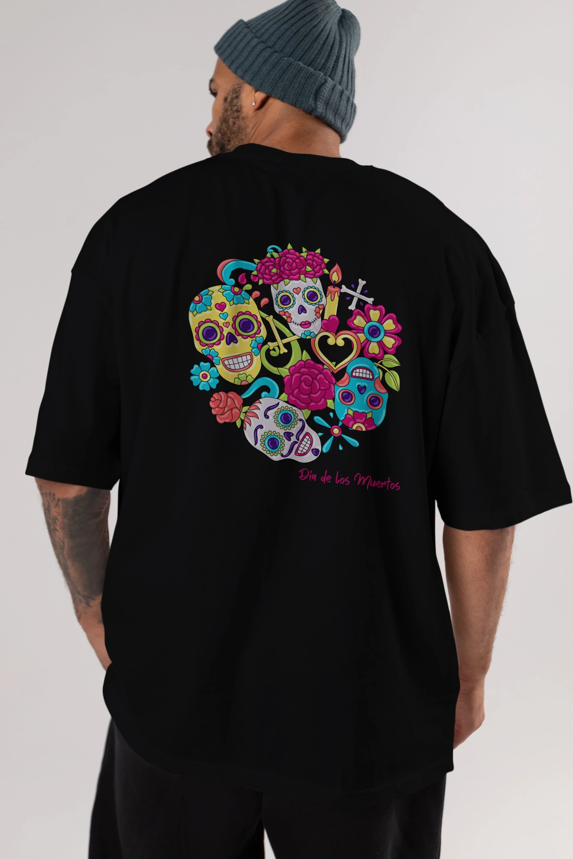 Dia de los Muertos Arka Baskılı Oversize t-shirt Erkek Kadın Unisex