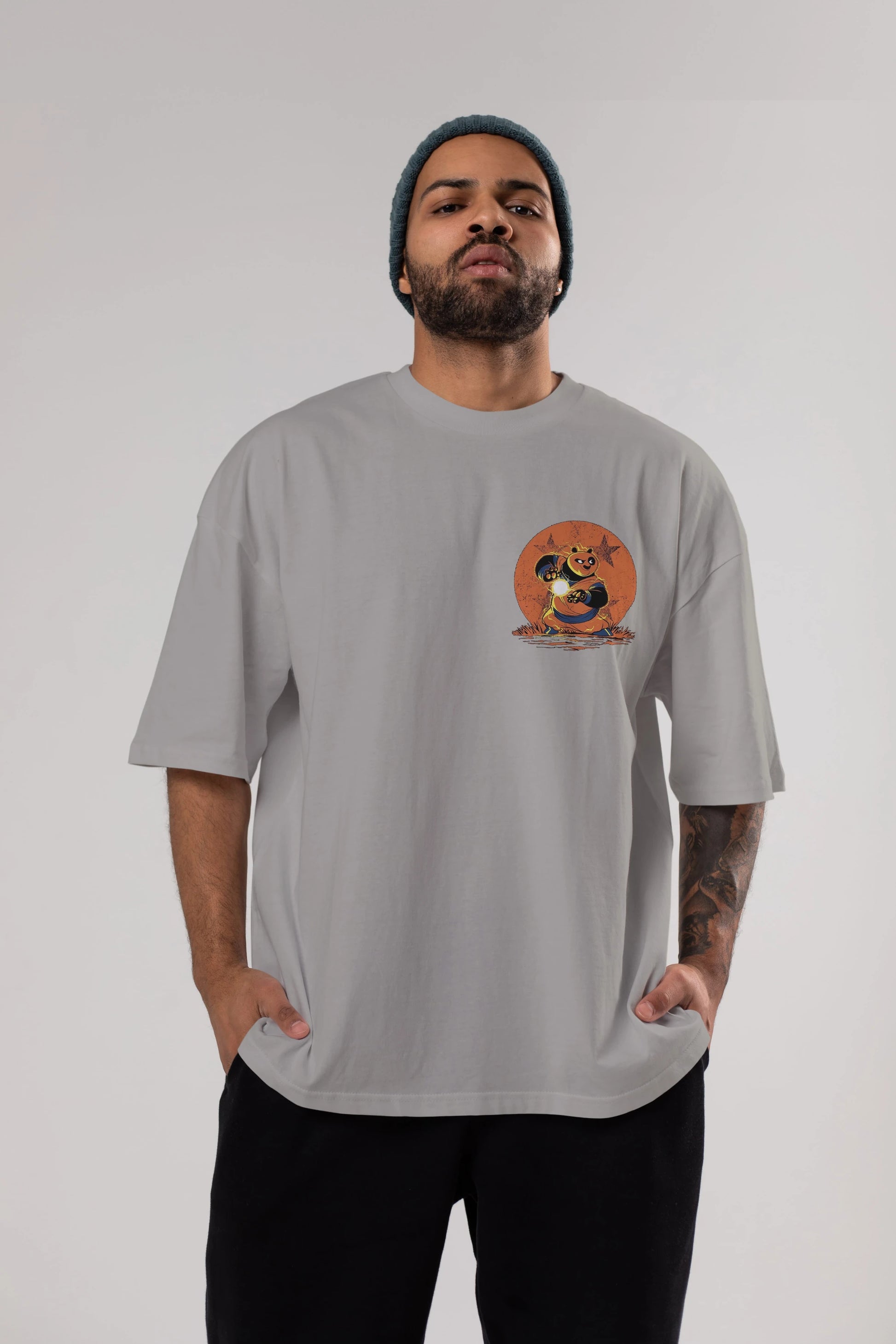 Kung Fu Panda Ön Sol Baskılı Oversize t-shirt Erkek Kadın Unisex %100 Pamuk Bisiklet Yaka tişort