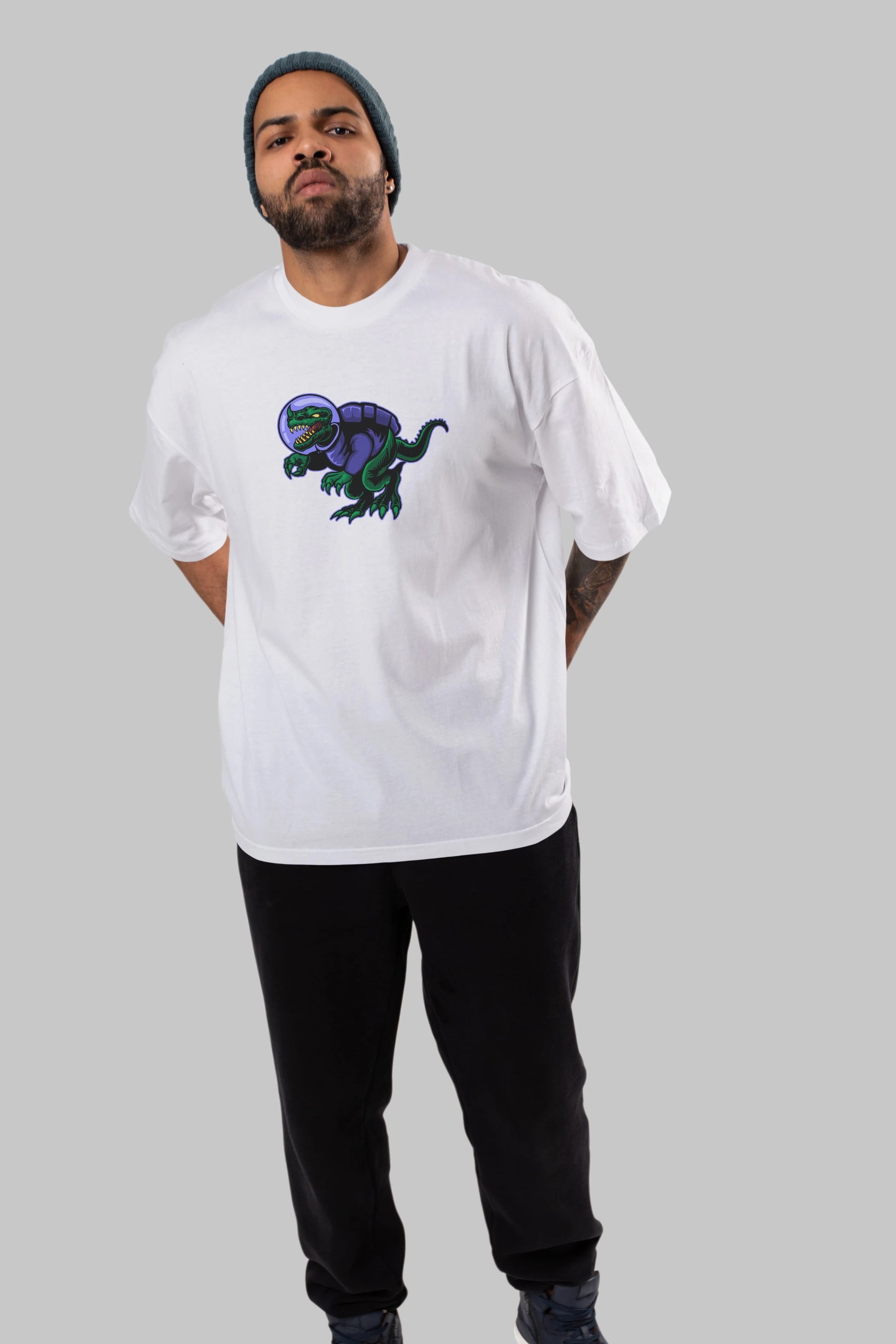 Space Dino Ön Baskılı Oversize t-shirt Erkek Kadın Unisex