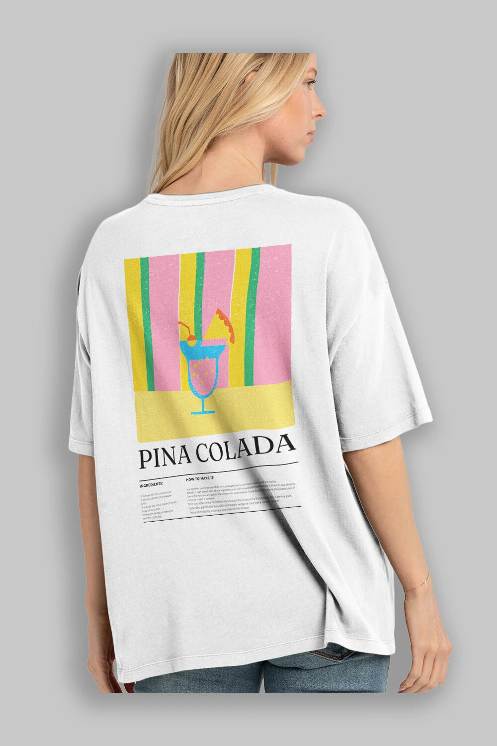 Pina Colada Kokteyl Serisi Arka Baskılı Oversize t-shirt Erkek Kadın %100 Pamuk Bisiklet Yaka tişort