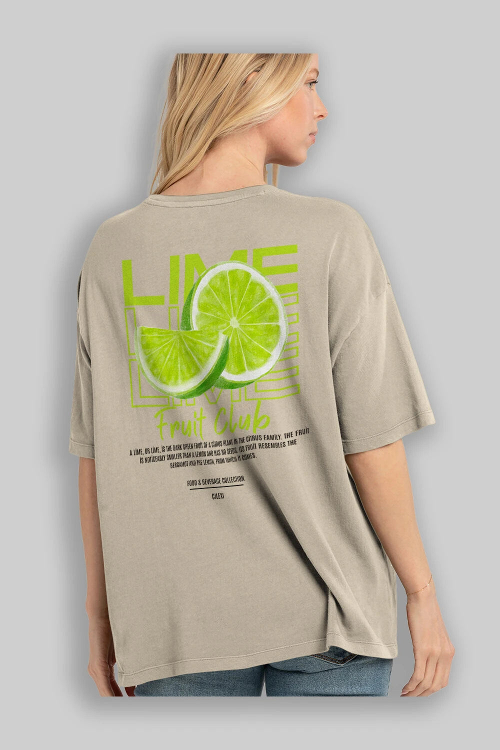 Lime Arka Baskılı Oversize t-shirt Erkek Kadın Pamuk Bisiklet Yaka tişort