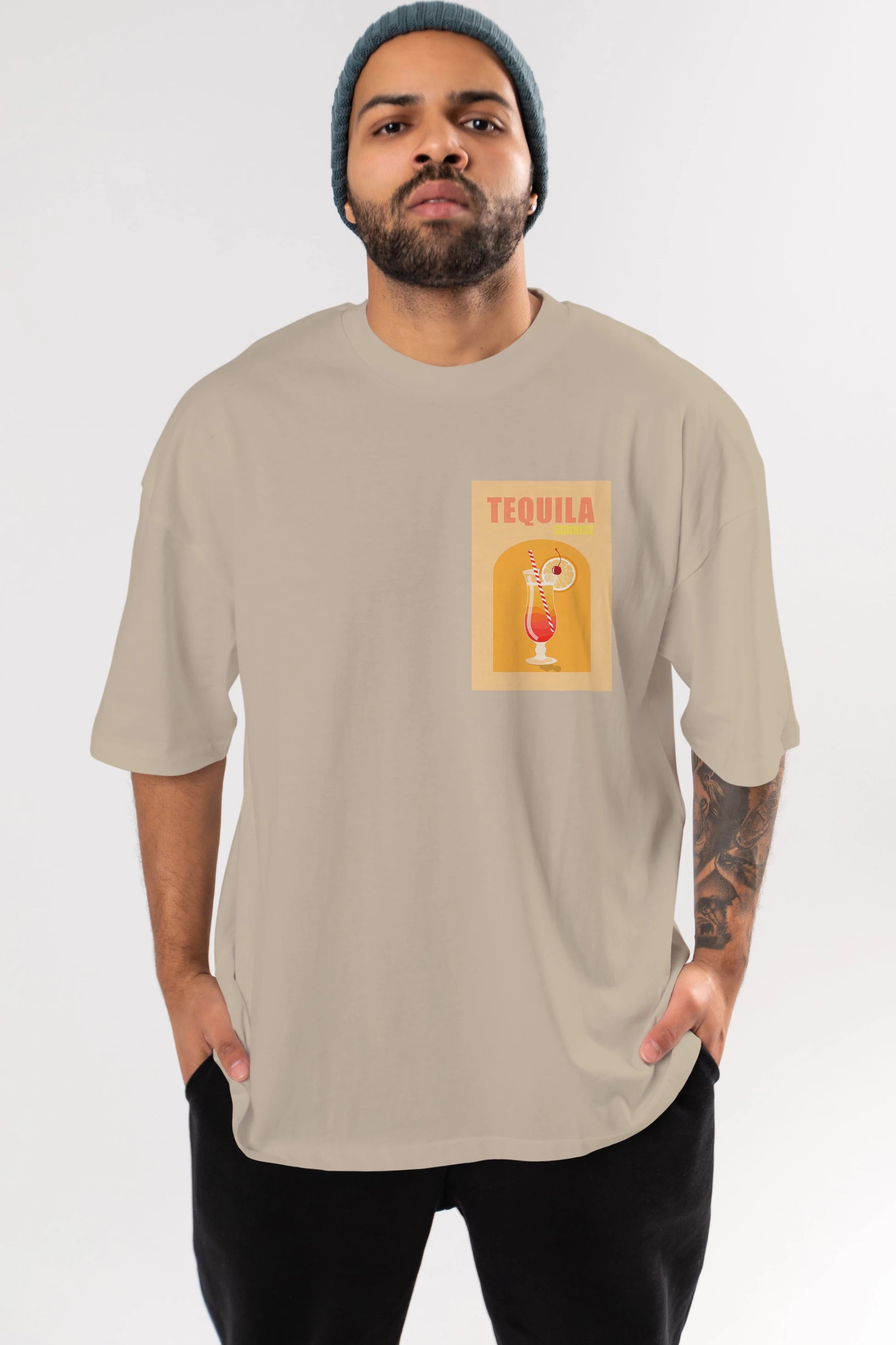 Tequila Sunrise Ön Sol Baskılı Oversize t-shirt Erkek Kadın Unisex %100 Pamuk Bisiklet Yaka tişort