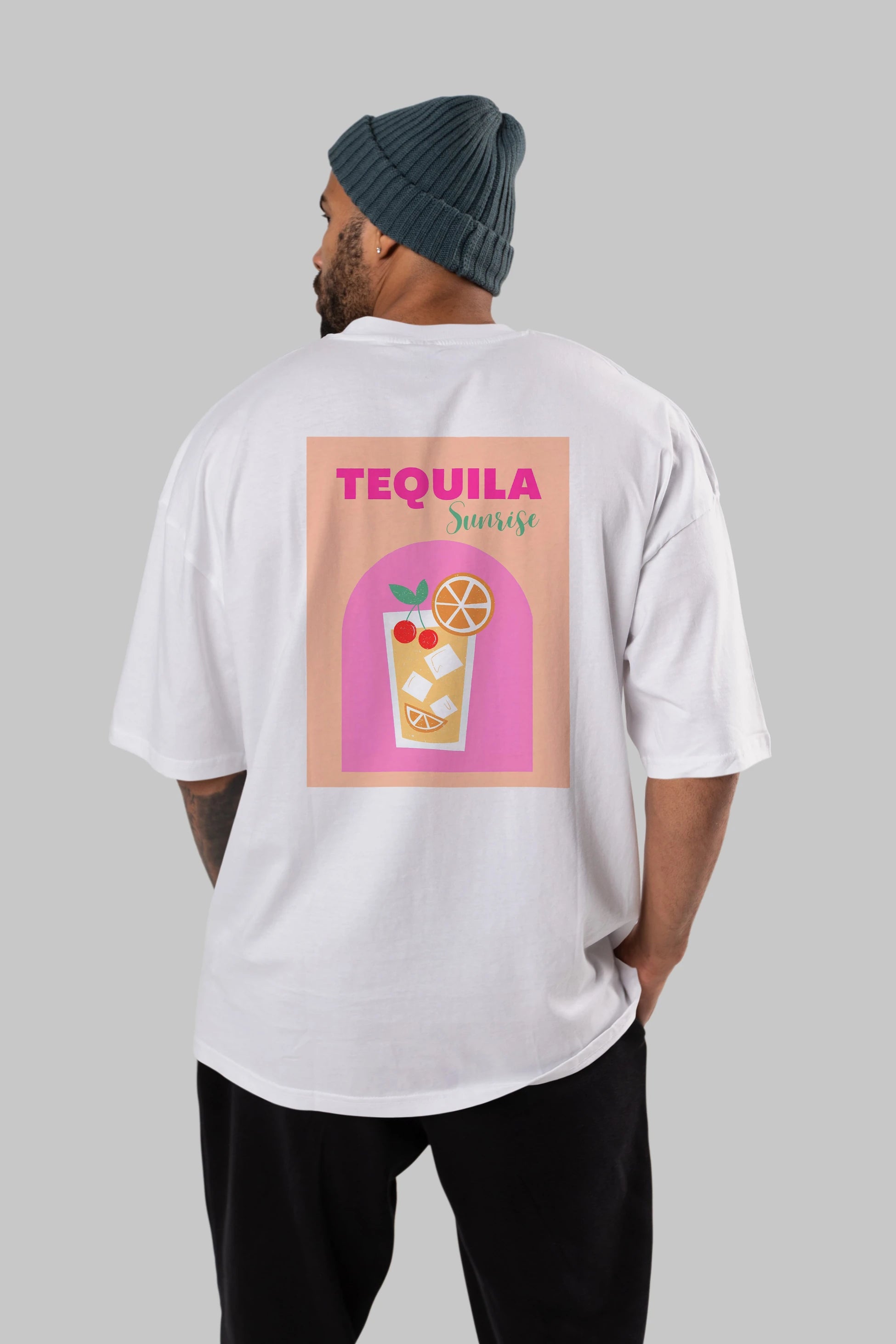 Tequila Sunrise 2 Arka Baskılı Oversize t-shirt Erkek Kadın Unisex %100 Pamuk Bisiklet Yaka tişort