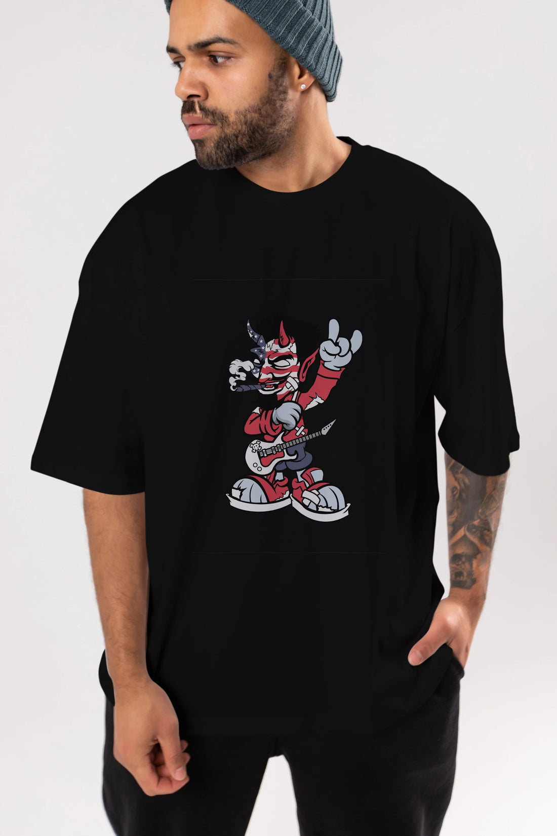 American Devil Rockstar Ön Baskılı Oversize t-shirt Erkek Kadın Unisex %100 Pamuk tişort
