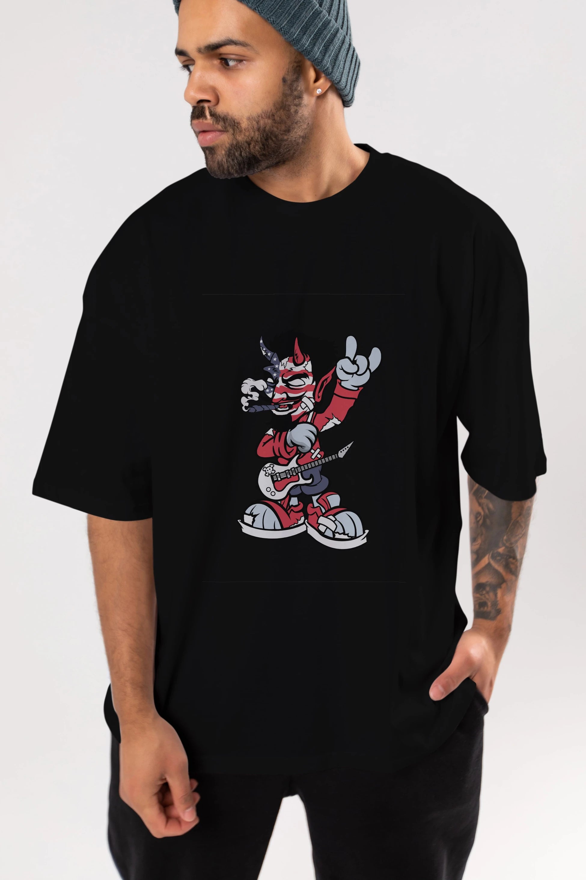 American Devil Rockstar Ön Baskılı Oversize t-shirt Erkek Kadın Unisex %100 Pamuk tişort