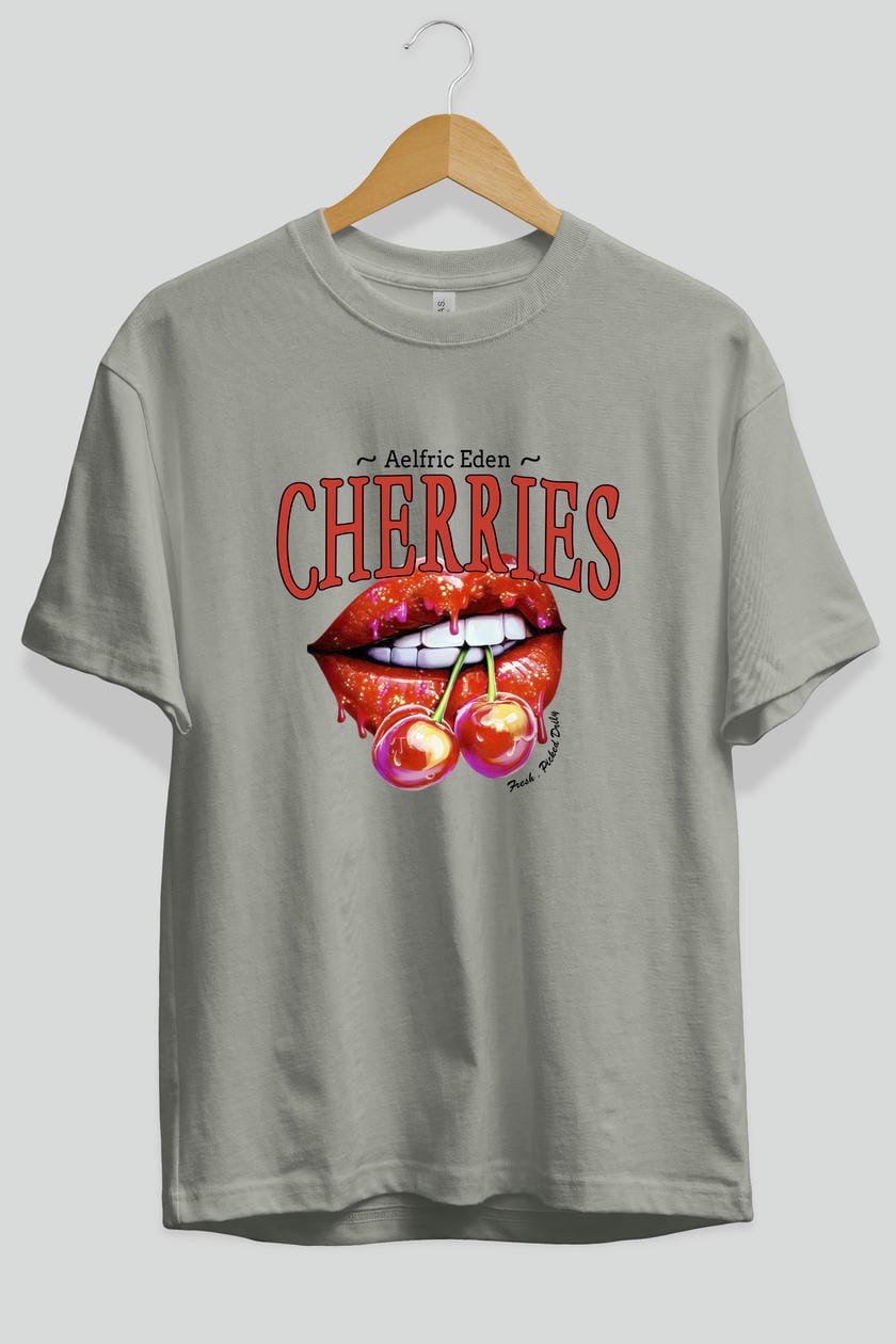 Cherry Cherries 3 Ön Baskılı Oversize t-shirt Erkek Kadın Pamuk Bisiklet Yaka tişort