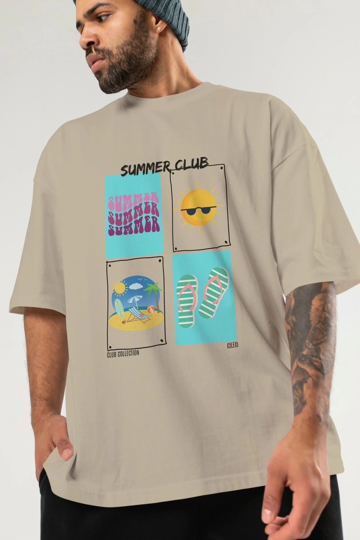 Summer Club ön Baskılı Oversize t-shirt Erkek Kadın %100 Pamuk Bisiklet Yaka tişort