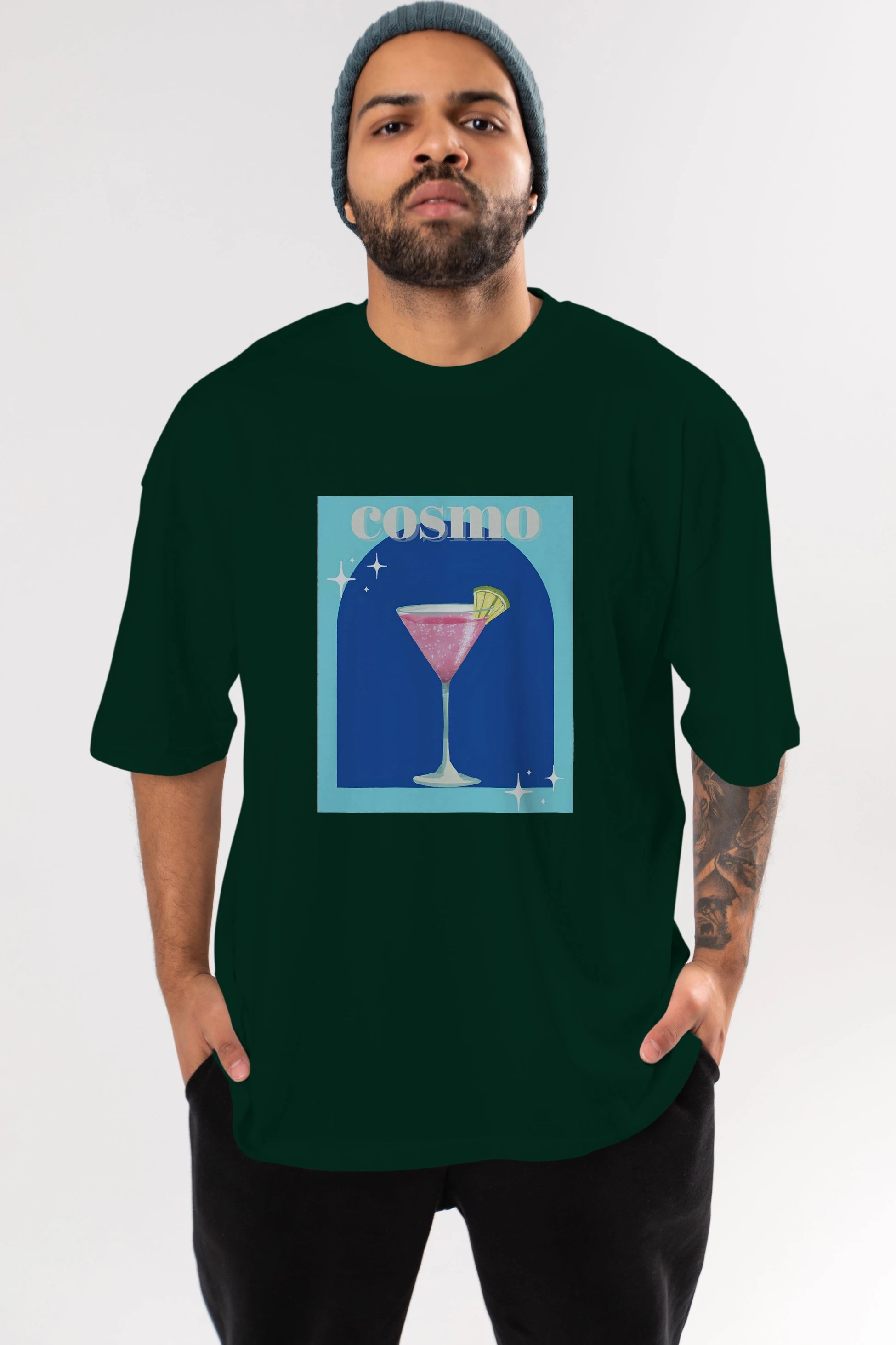 Cosmopolitan 2 Ön Baskılı Oversize t-shirt Erkek Kadın Unisex %100 Pamuk Bisiklet Yaka tişort