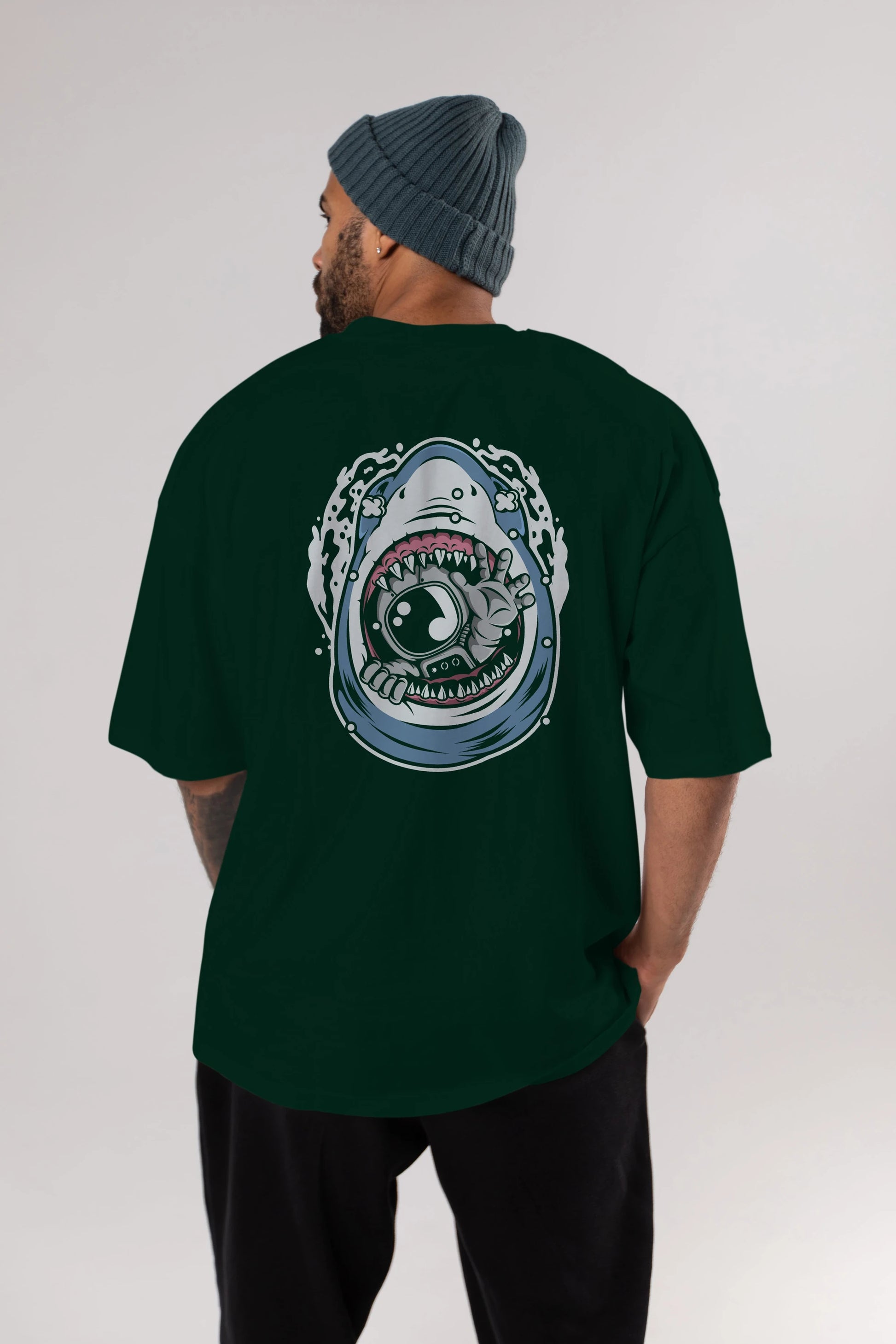 Astronaut Shark Arka Baskılı Oversize t-shirt Erkek Kadın Unisex