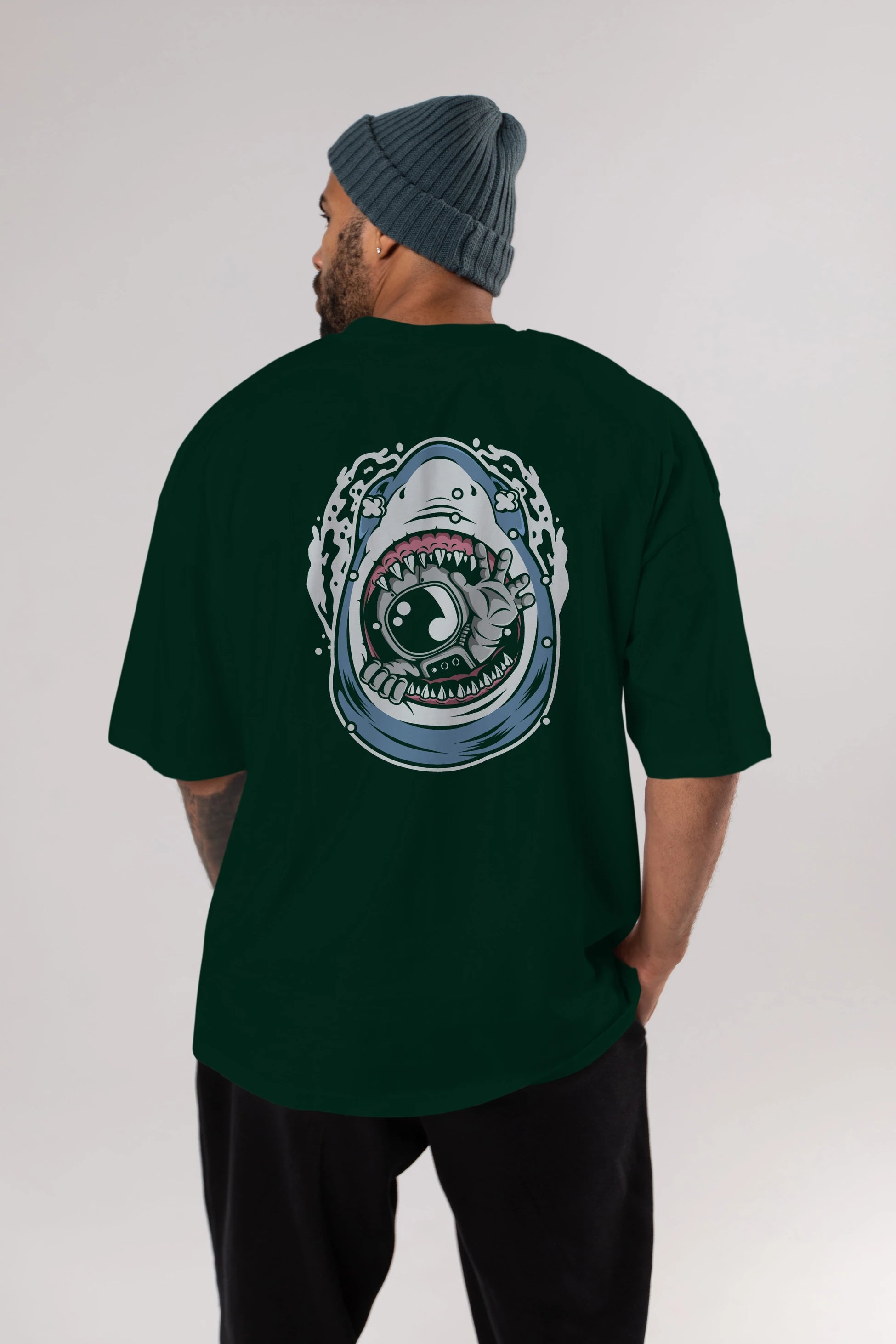 Astronaut Shark Arka Baskılı Oversize t-shirt Erkek Kadın Unisex