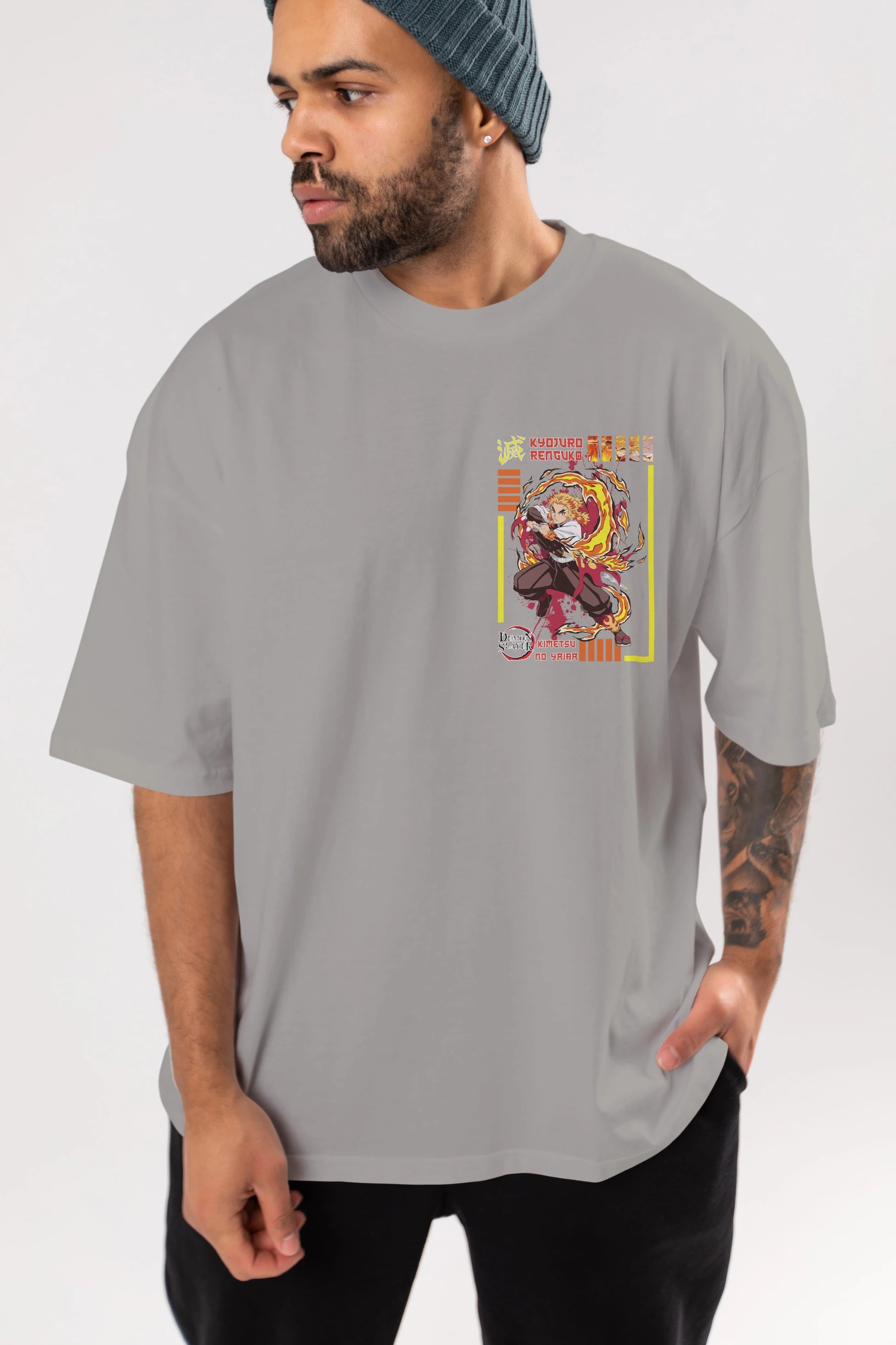 KYOJURO RENGOKU Ön Sol Baskılı Oversize t-shirt Erkek Kadın Unisex %100 Pamuk Bisiklet Yaka tişort