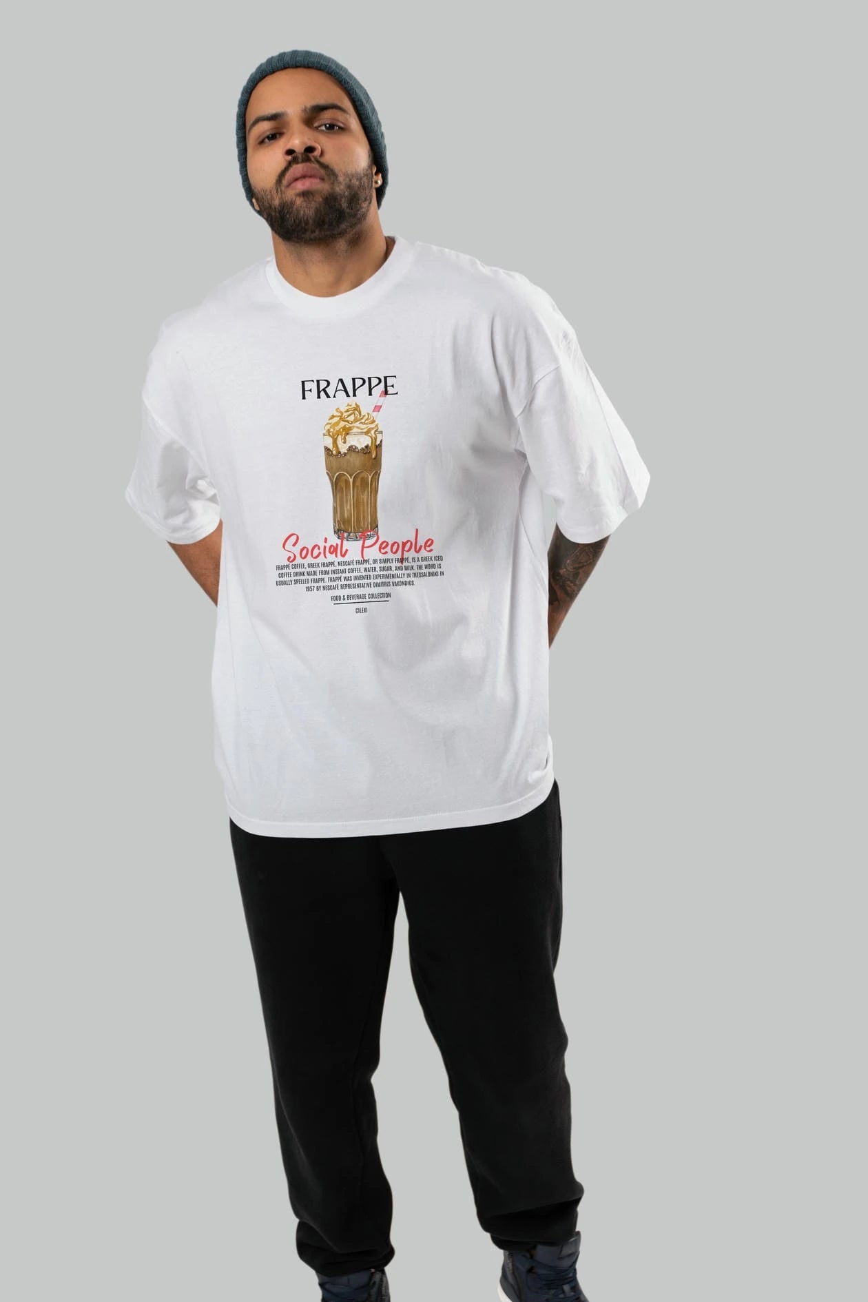 Frappe Kokteyl Serisi ön Baskılı Oversize t-shirt Erkek Kadın %100 Pamuk Bisiklet Yaka tişort