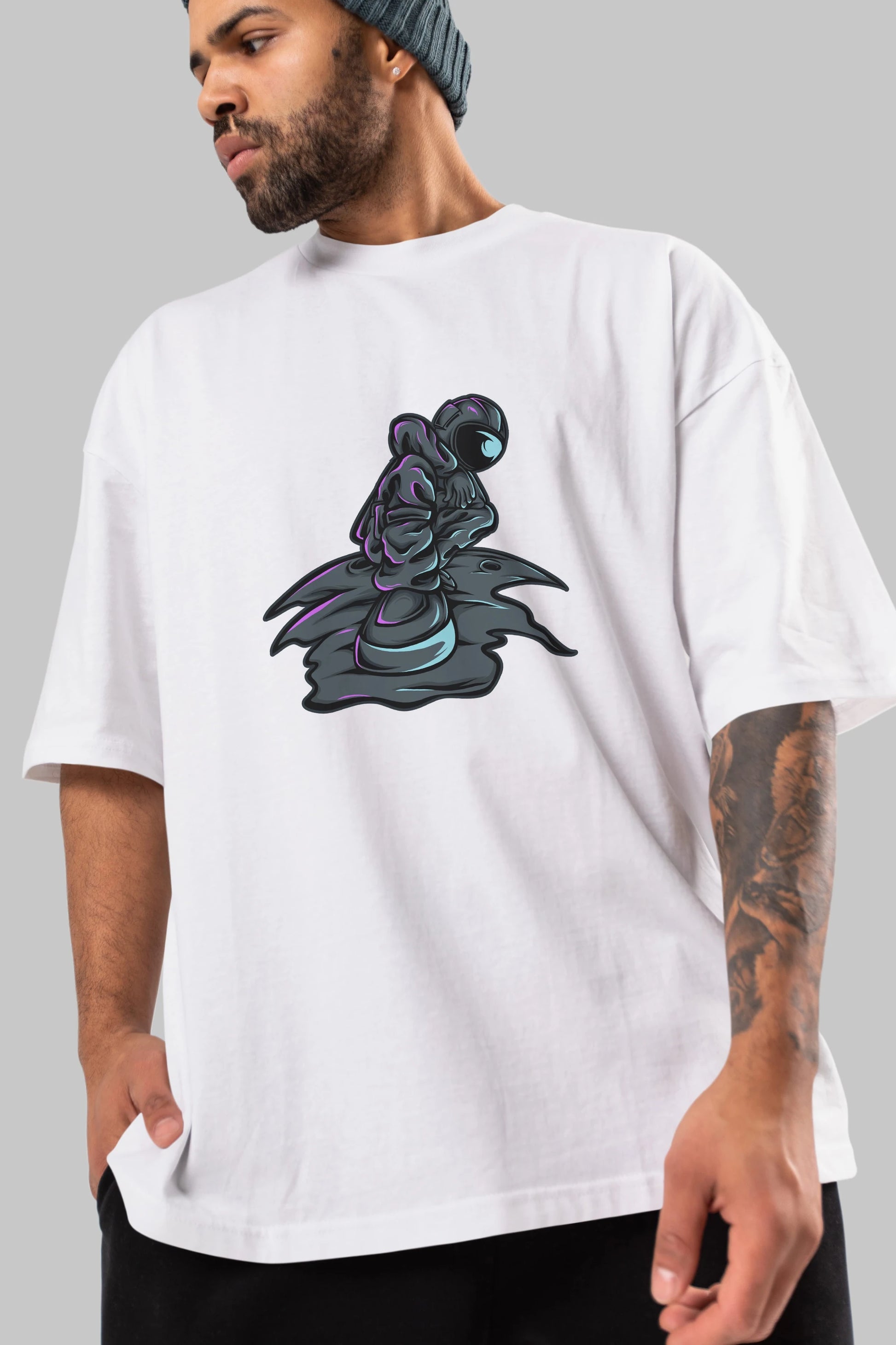 Stylish Astronaut Ön Baskılı Oversize t-shirt Erkek Kadın Unisex