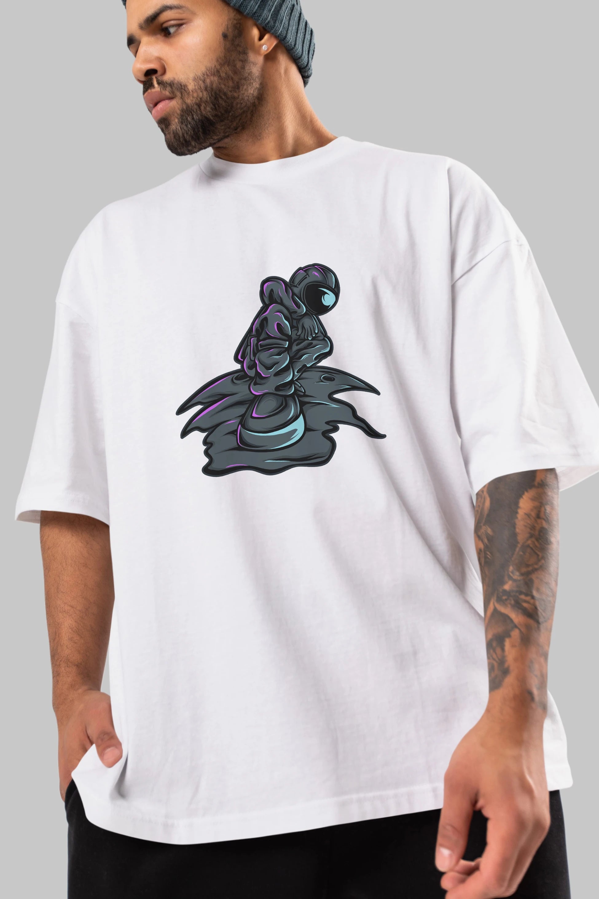 Stylish Astronaut Ön Baskılı Oversize t-shirt Erkek Kadın Unisex