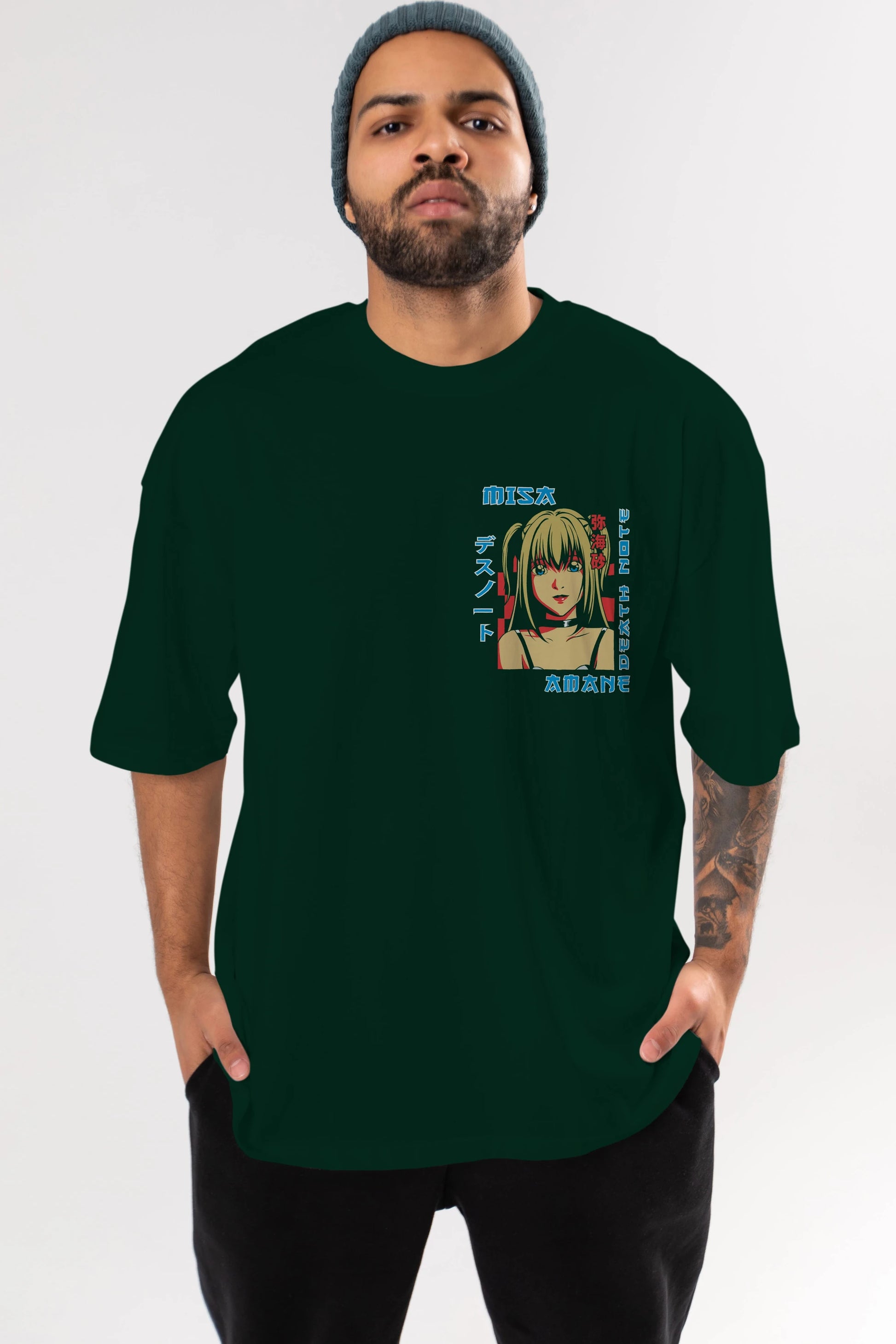 MISA-DEATH NOTE Ön Sol Baskılı Oversize t-shirt Erkek Kadın Unisex %100 Pamuk Bisiklet Yaka tişort