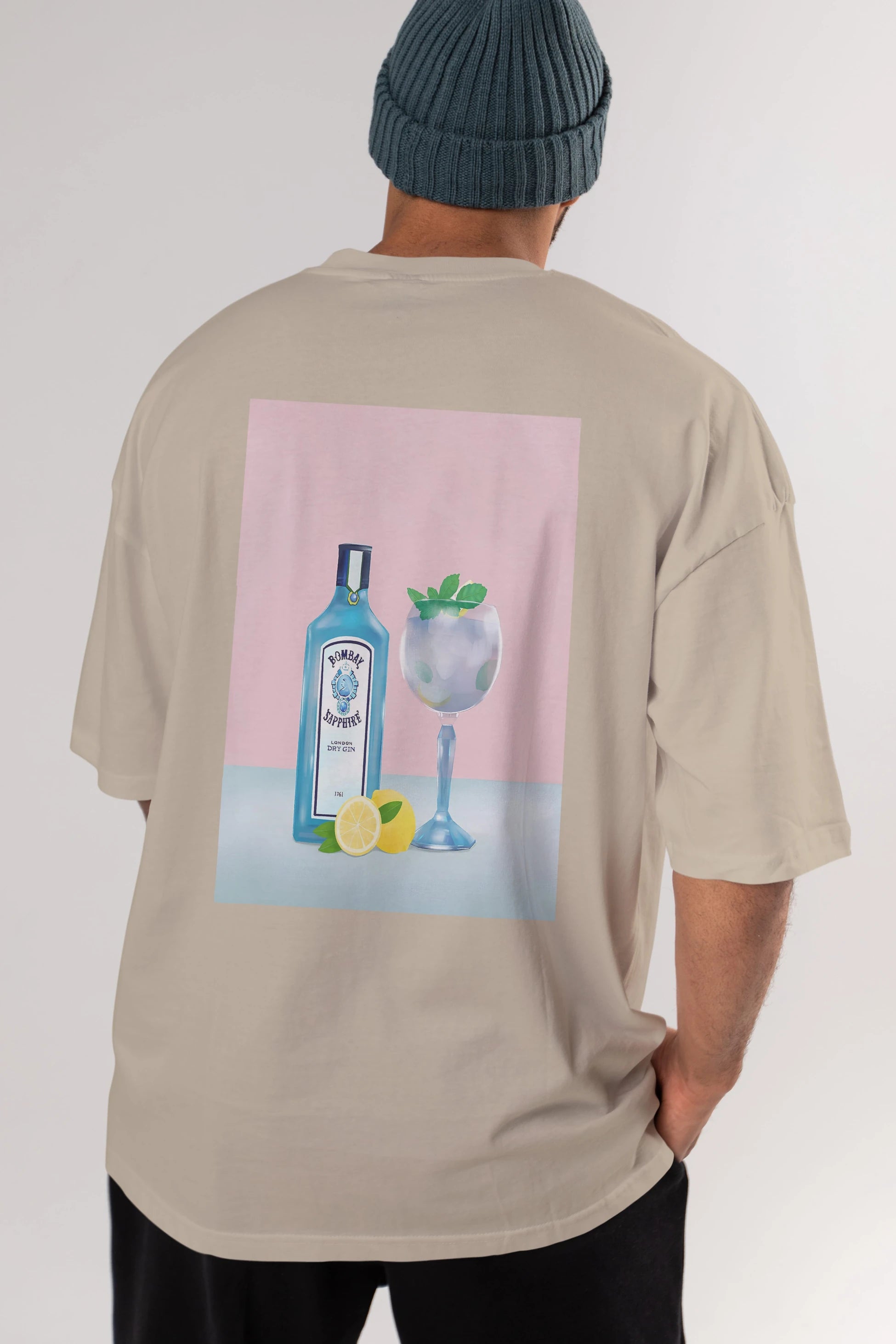Bombay Sapphire Dry Gin Arka Baskılı Oversize t-shirt Erkek Kadın Unisex %100 Pamuk Bisiklet Yaka tişort
