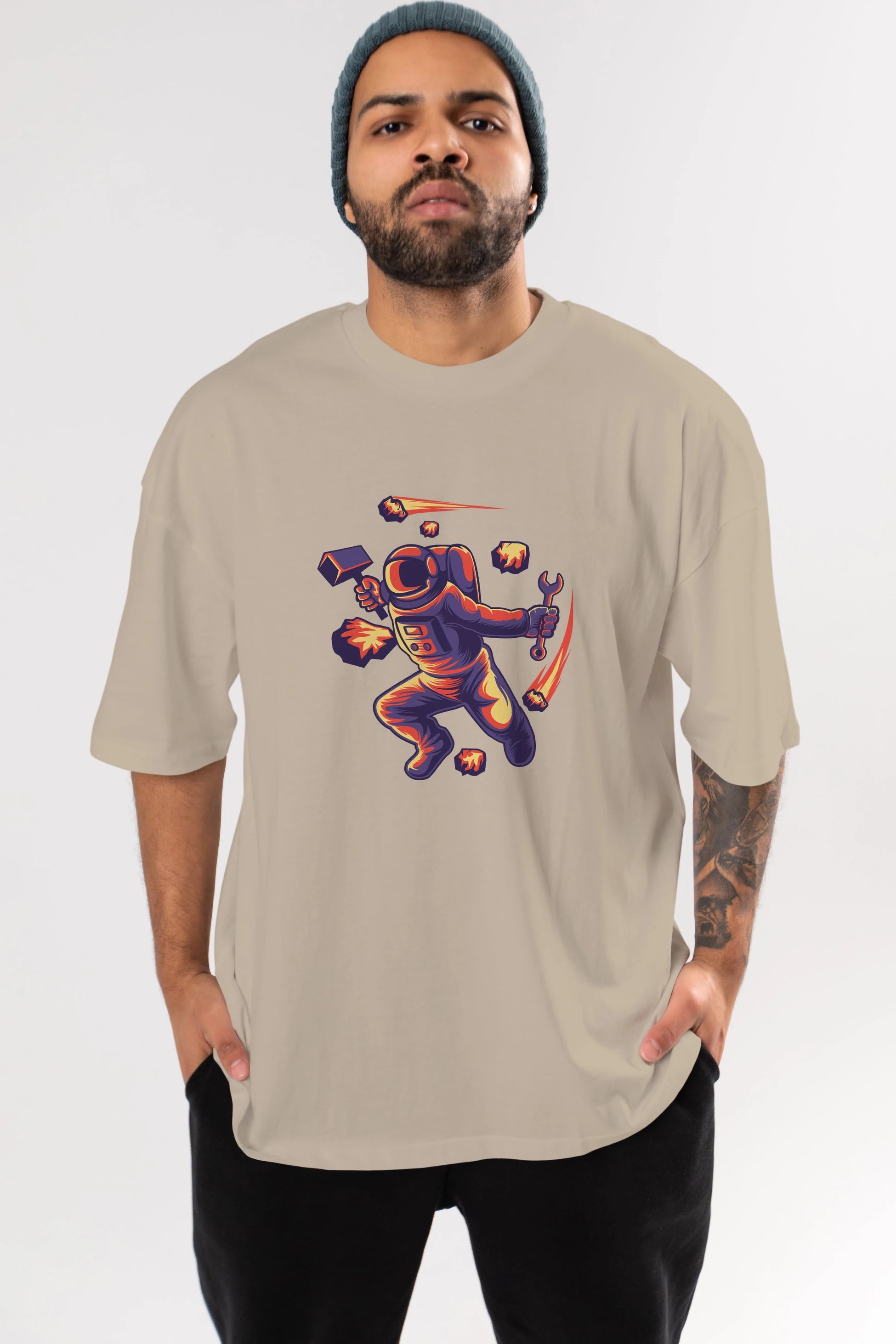 Astronaut Block Meteor Ön Baskılı Oversize t-shirt Erkek Kadın Unisex