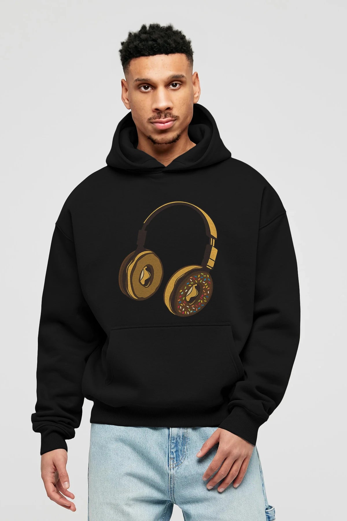 Headphone Donut Ön Baskılı Hoodie Oversize Kapüşonlu Sweatshirt Erkek Kadın Unisex