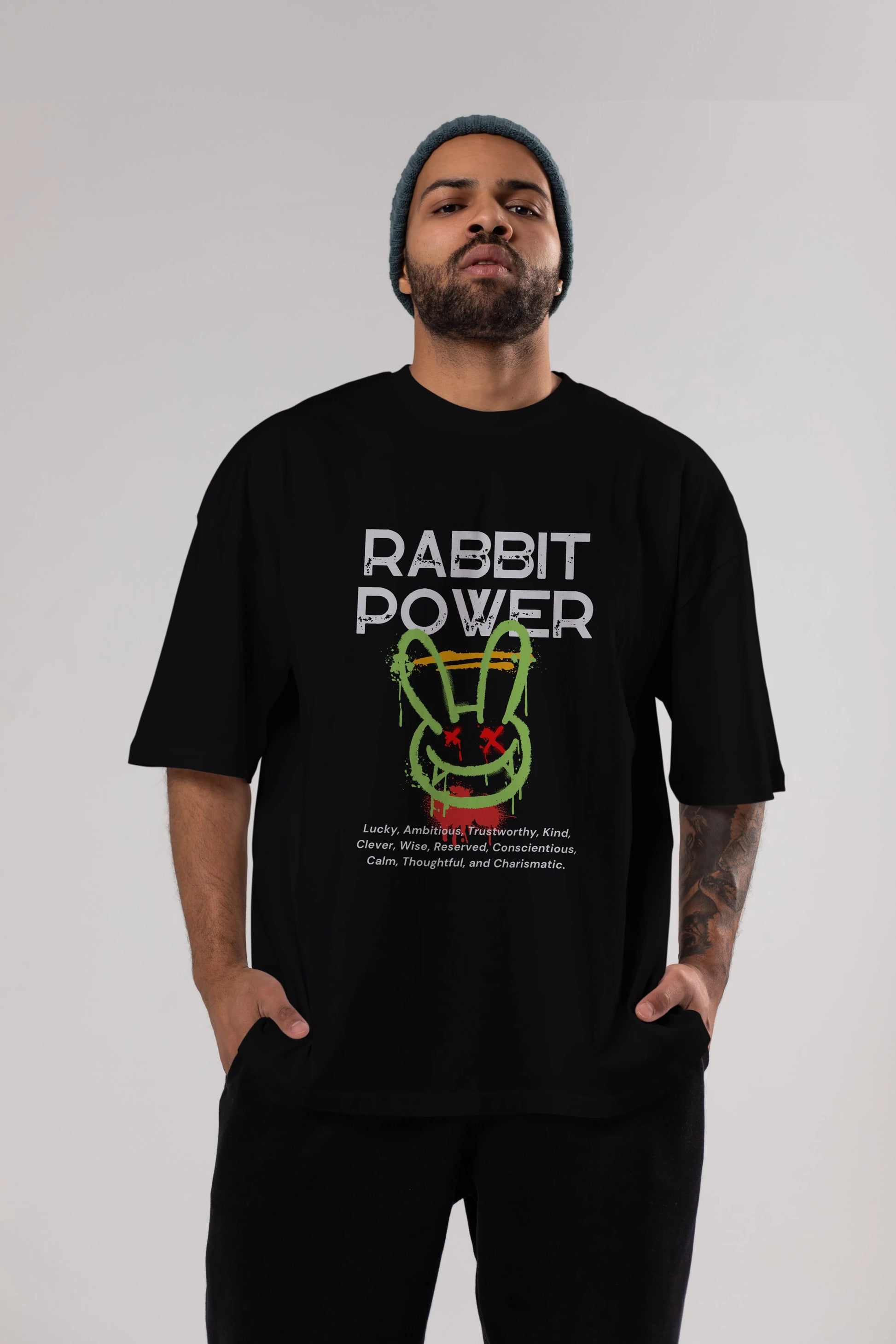 Rabbit Power Yazılı Ön Baskılı Oversize t-shirt Erkek Kadın Unisex