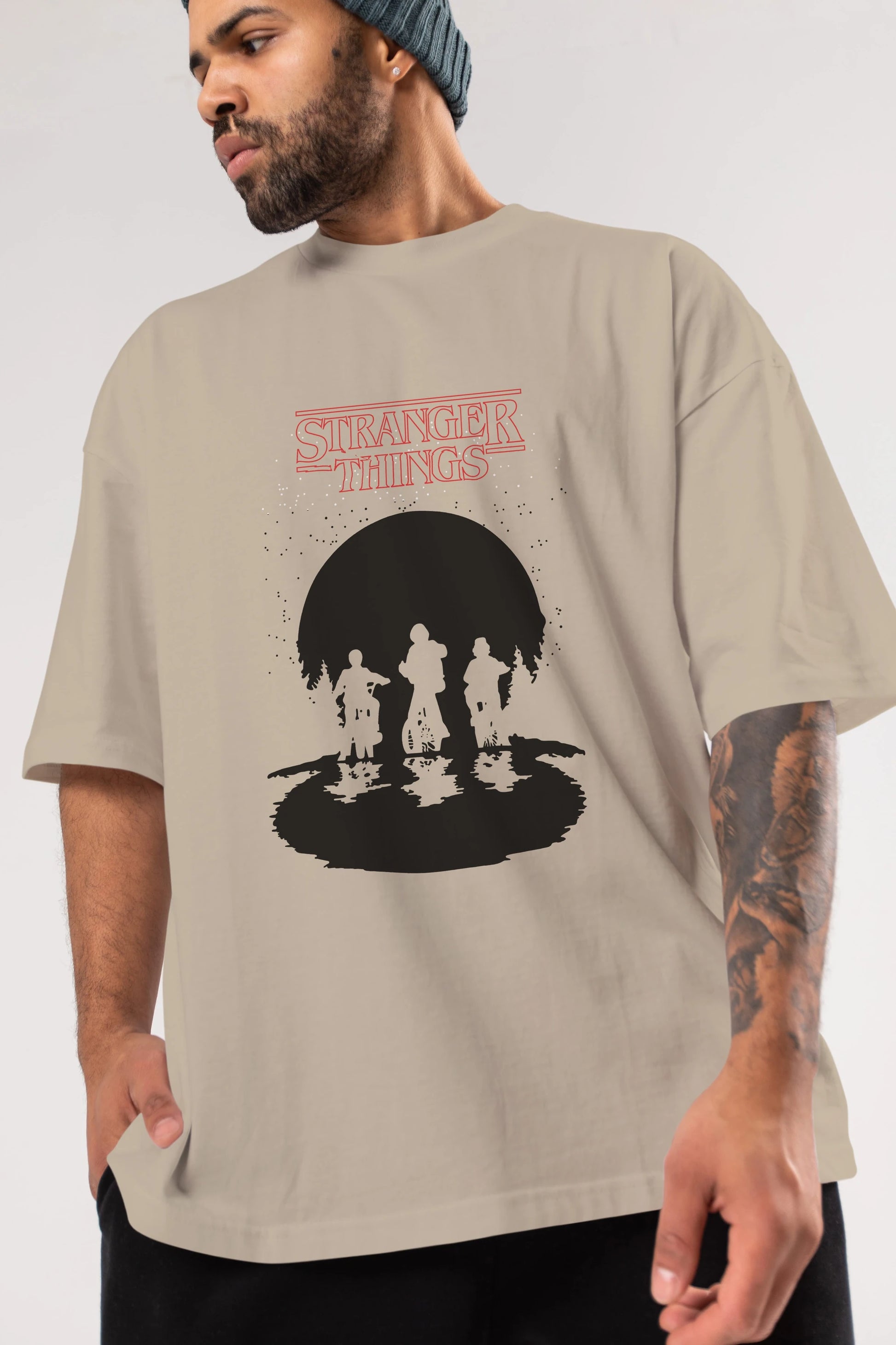 Stranger Things Ön Baskılı Oversize t-shirt Erkek Kadın Unisex %100 Pamuk Bisiklet Yaka tişort