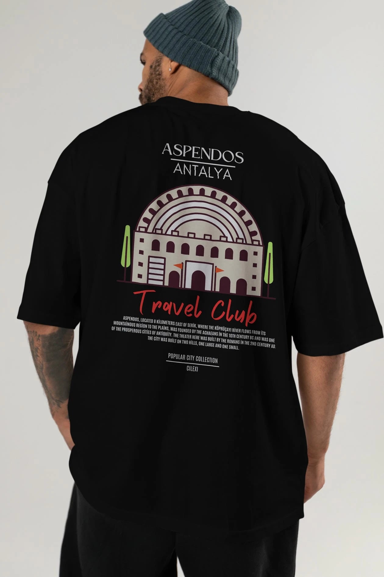 Aspendos Antalya Arka Baskılı Oversize t-shirt Erkek Kadın Pamuk Bisiklet Yaka tişort