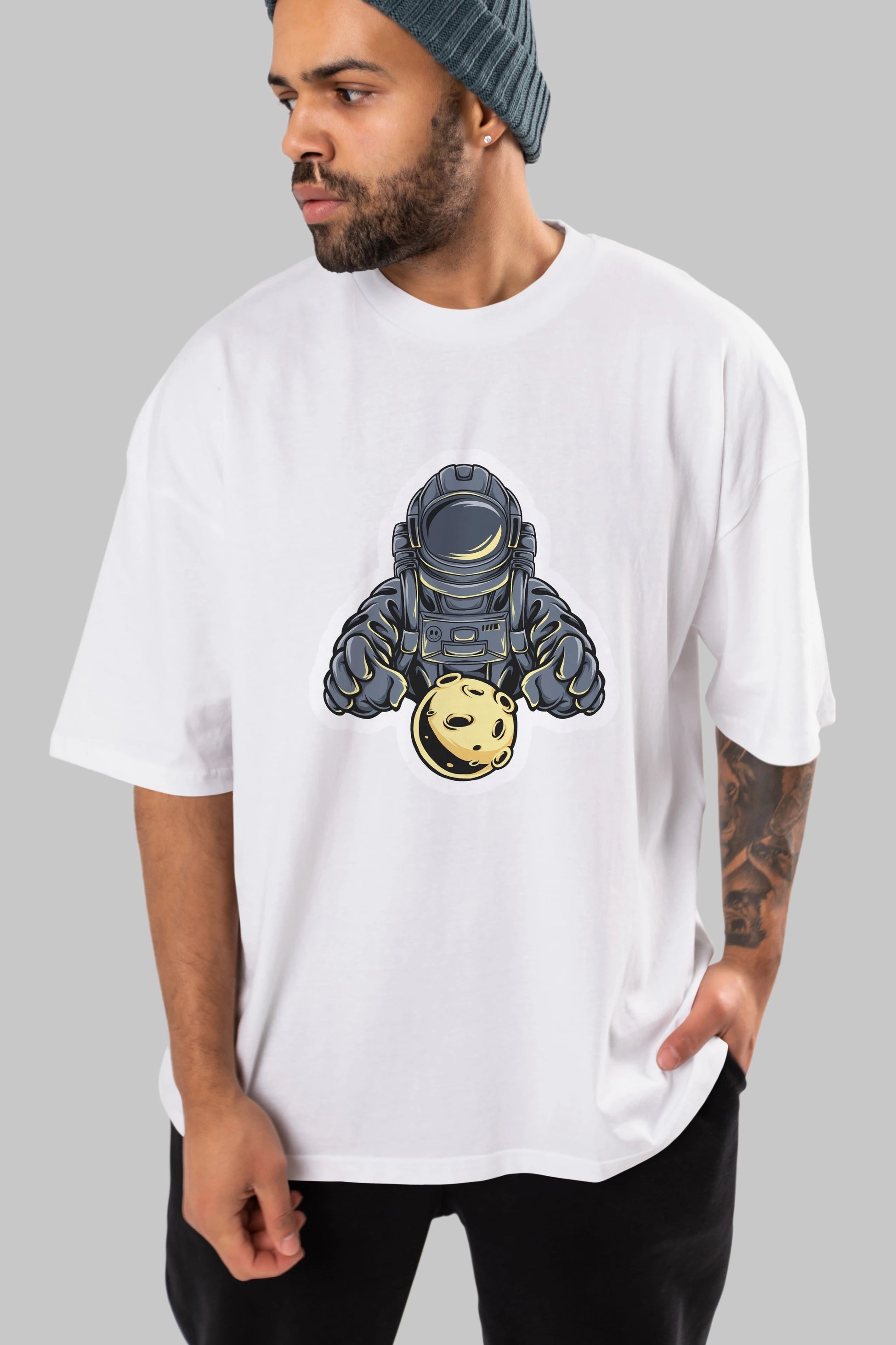 Astromoon sticker Ön Baskılı Oversize t-shirt Erkek Kadın Unisex