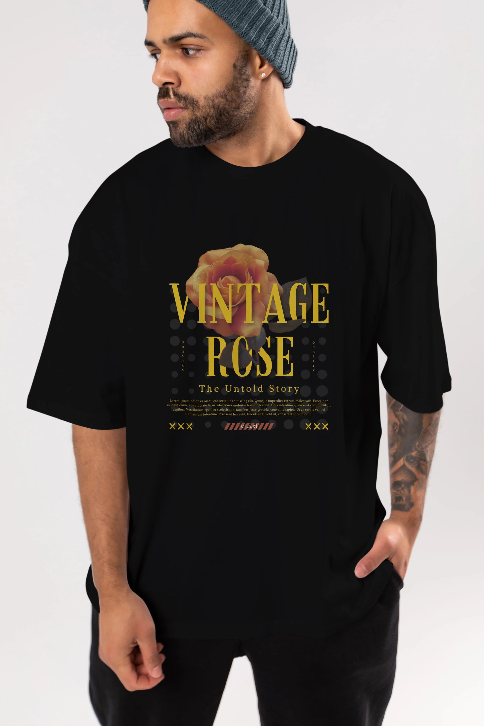 Vintage Rose Yazılı Ön Baskılı Oversize t-shirt Erkek Kadın Unisex