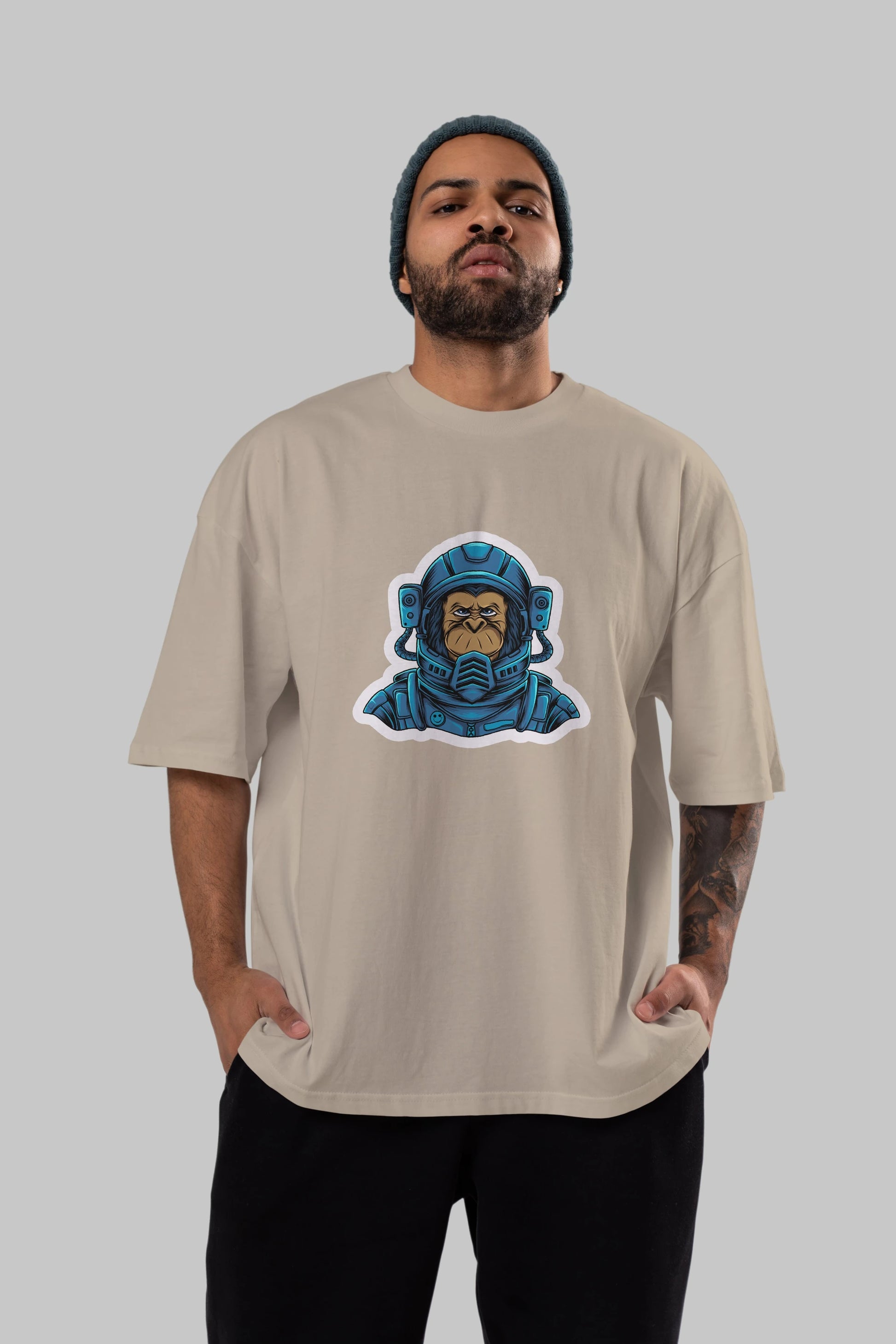 Astromonkey Sticker Ön Baskılı Oversize t-shirt Erkek Kadın Unisex