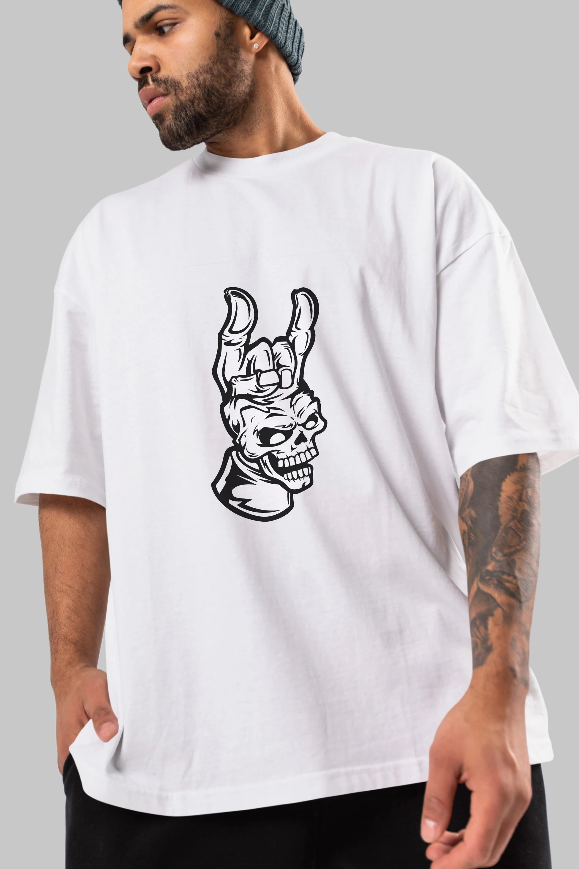 Hand Metal Skull Ön Baskılı Oversize t-shirt Erkek Kadın Unisex %100 Pamuk tişort