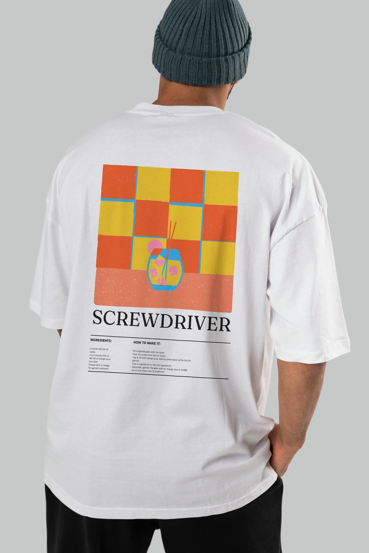 Screwdriver Kokteyl Serisi Arka Baskılı Oversize t-shirt Erkek Kadın %100 Pamuk Bisiklet Yaka tişort
