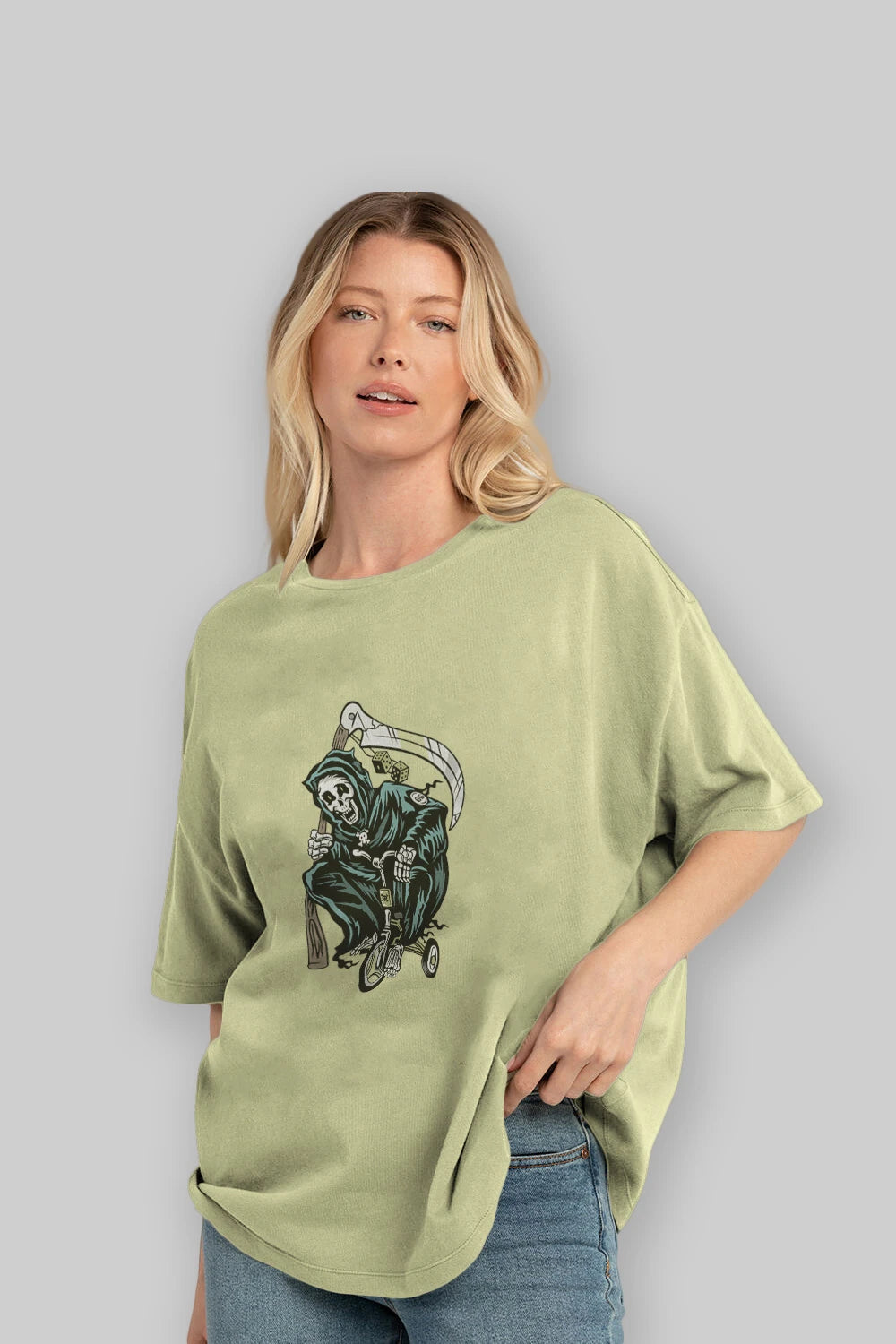 Grim Reaper Bicycle Ön Baskılı Oversize t-shirt Erkek Kadın Unisex %100 Pamuk tişort