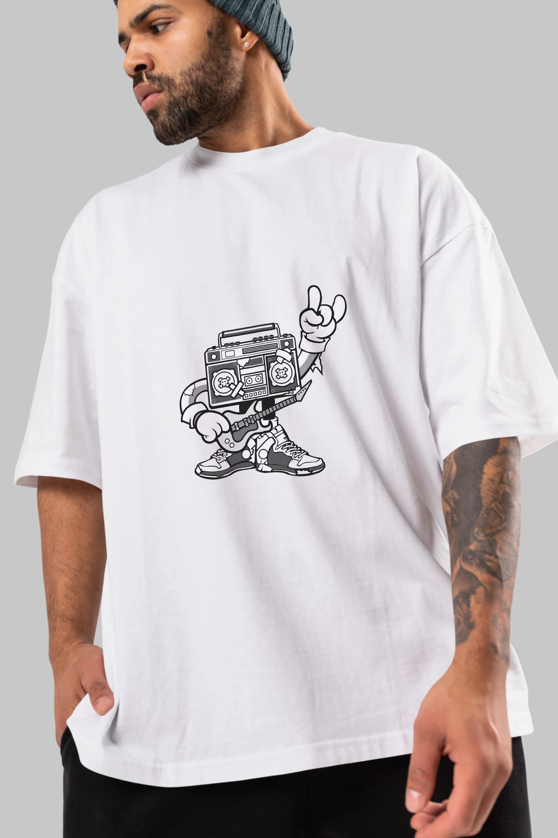 Boombox Rockstar Ön Baskılı Oversize t-shirt Erkek Kadın Unisex %100 Pamuk tişort
