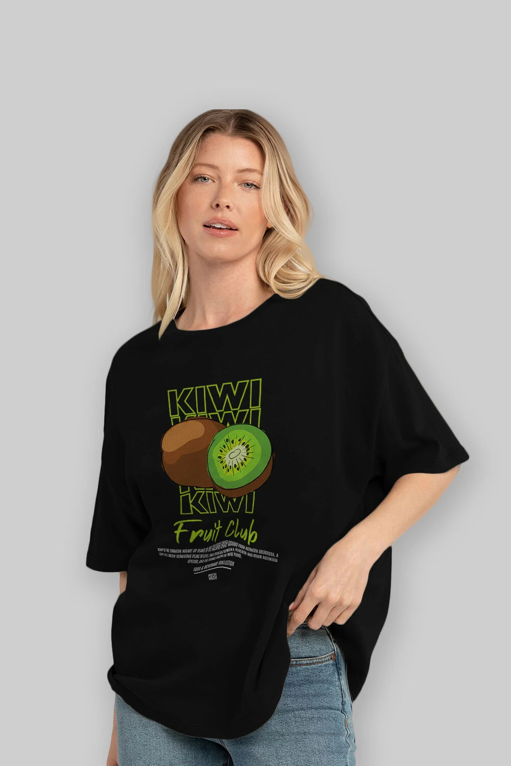 Kiwi Ön Baskılı Oversize t-shirt Erkek Kadın Pamuk Bisiklet Yaka tişort