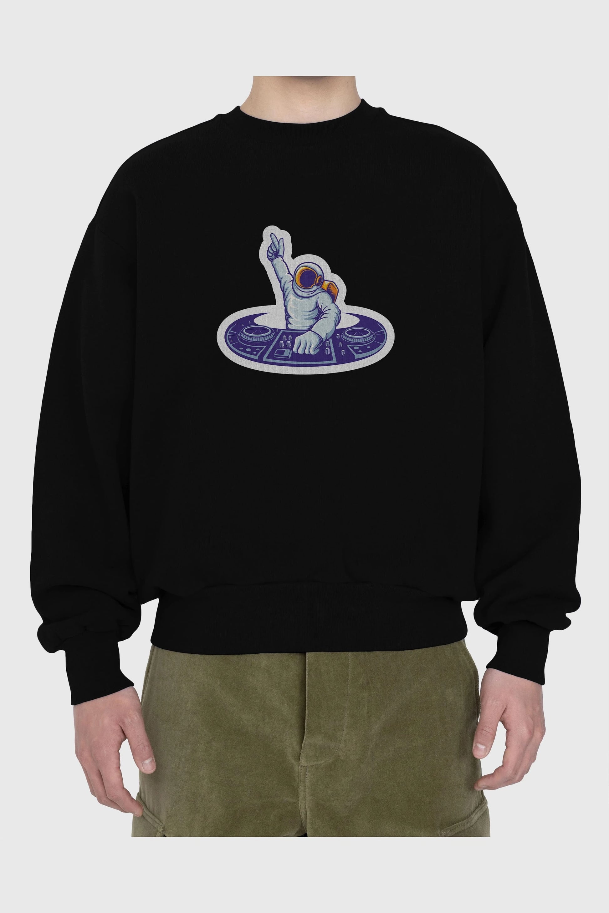 Astronaut Disk Jockey Party Sticker Ön Baskılı Oversize Sweatshirt Erkek Kadın Unisex