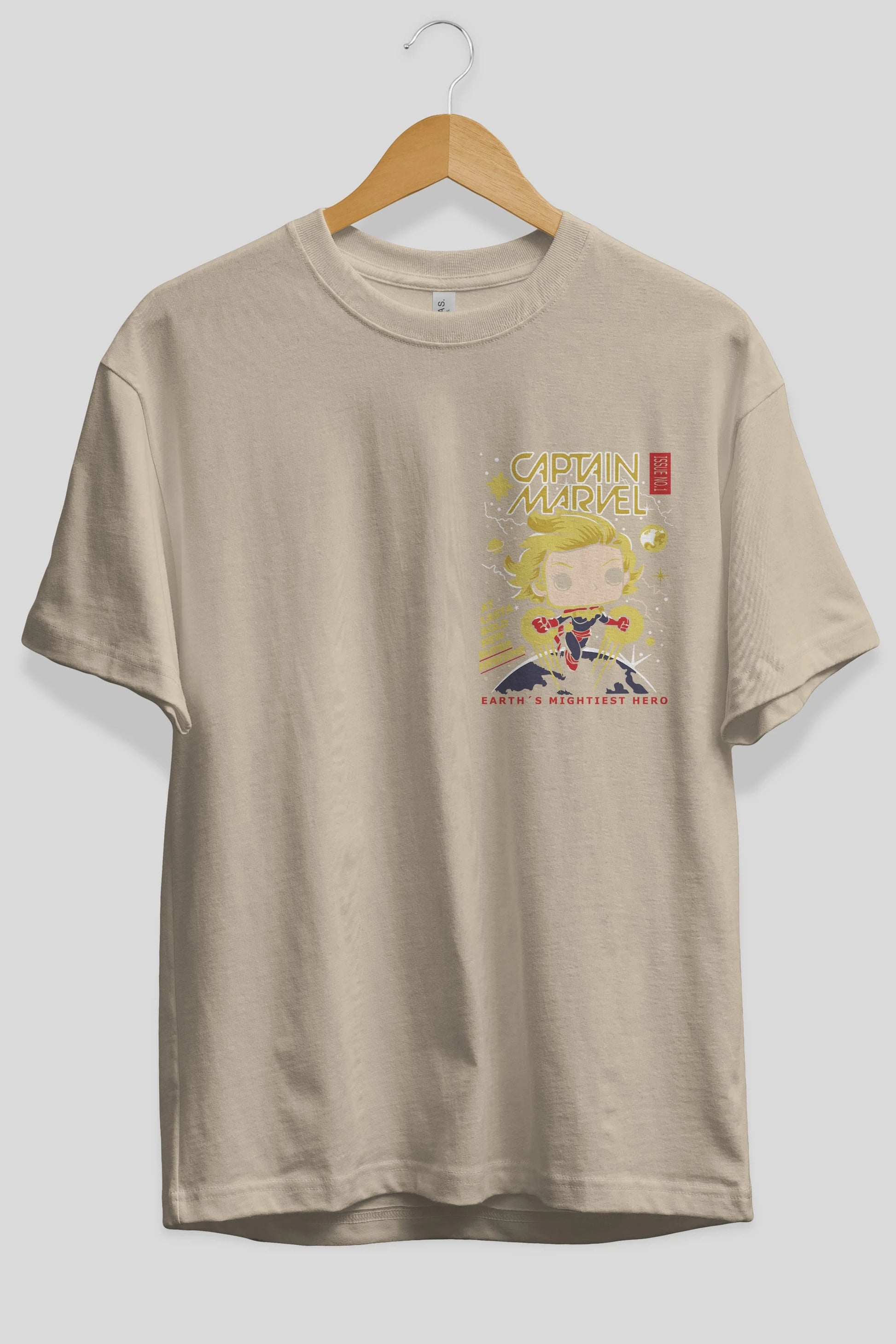 Captain Marvel Ön Sol Baskılı Oversize t-shirt Erkek Kadın Unisex %100 Pamuk Bisiklet Yaka tişort