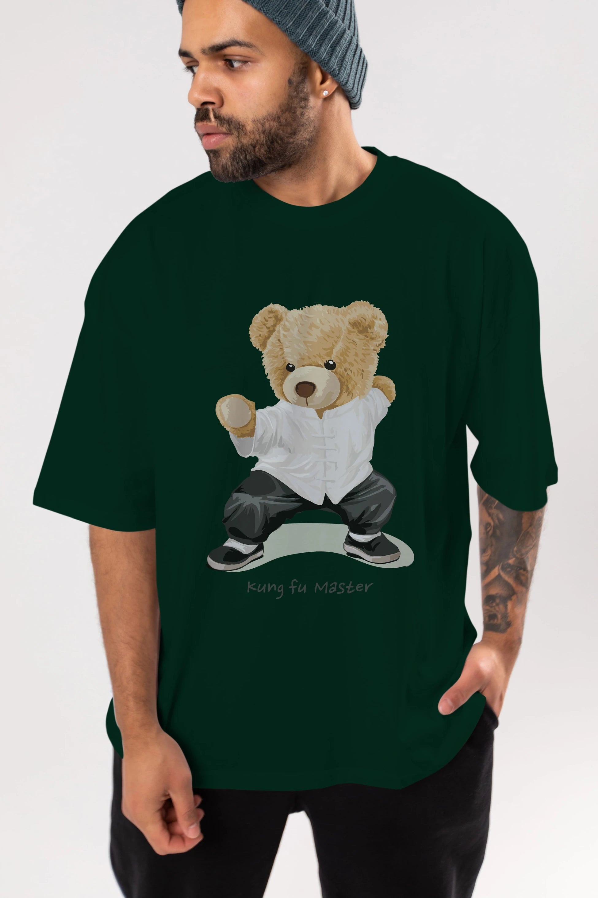 Teddy Bear Kung Fu Master Ön Baskılı Oversize t-shirt Erkek Kadın Unisex %100 Pamuk