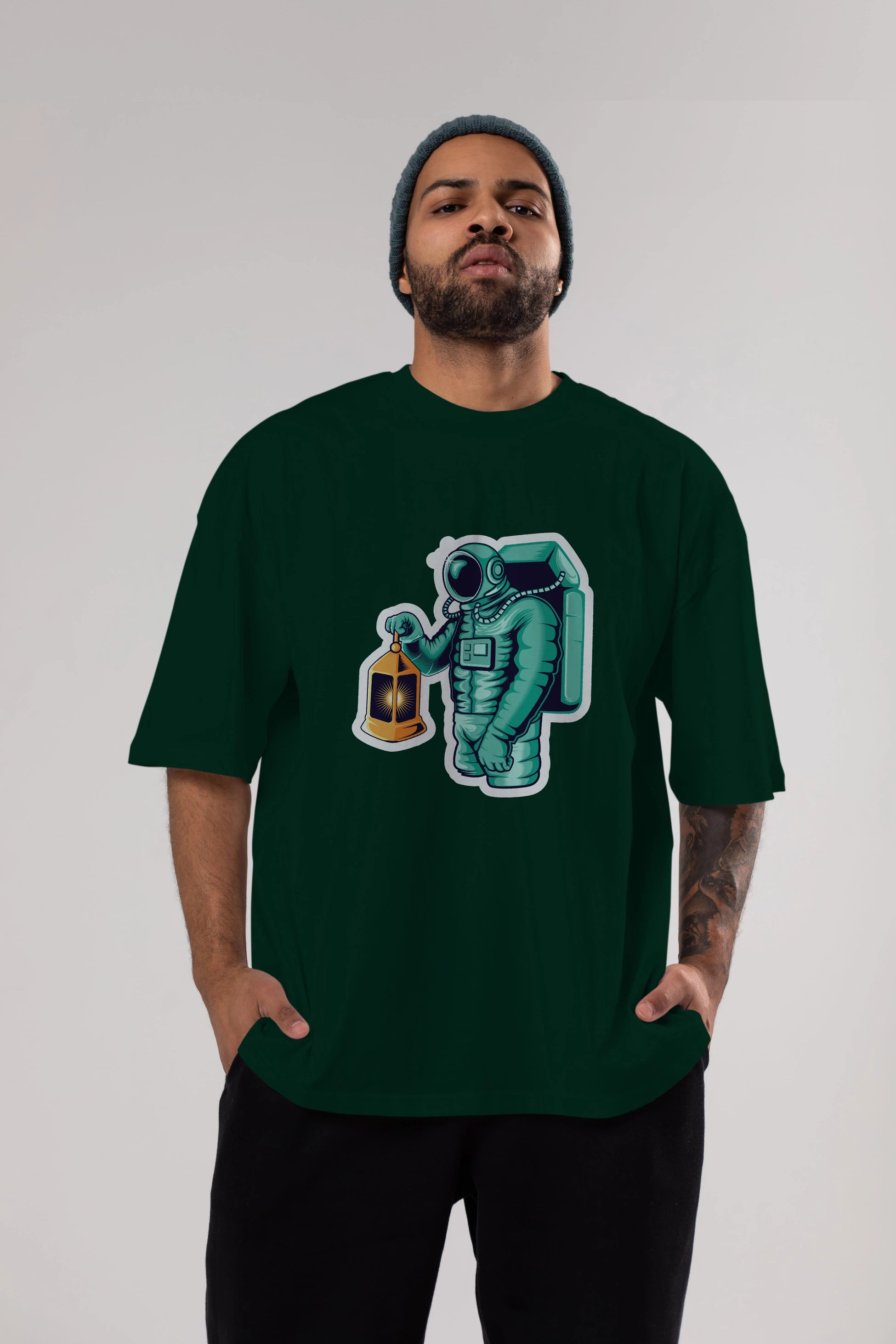 Astronaut Lantern Sticker Ön Baskılı Oversize t-shirt Erkek Kadın Unisex