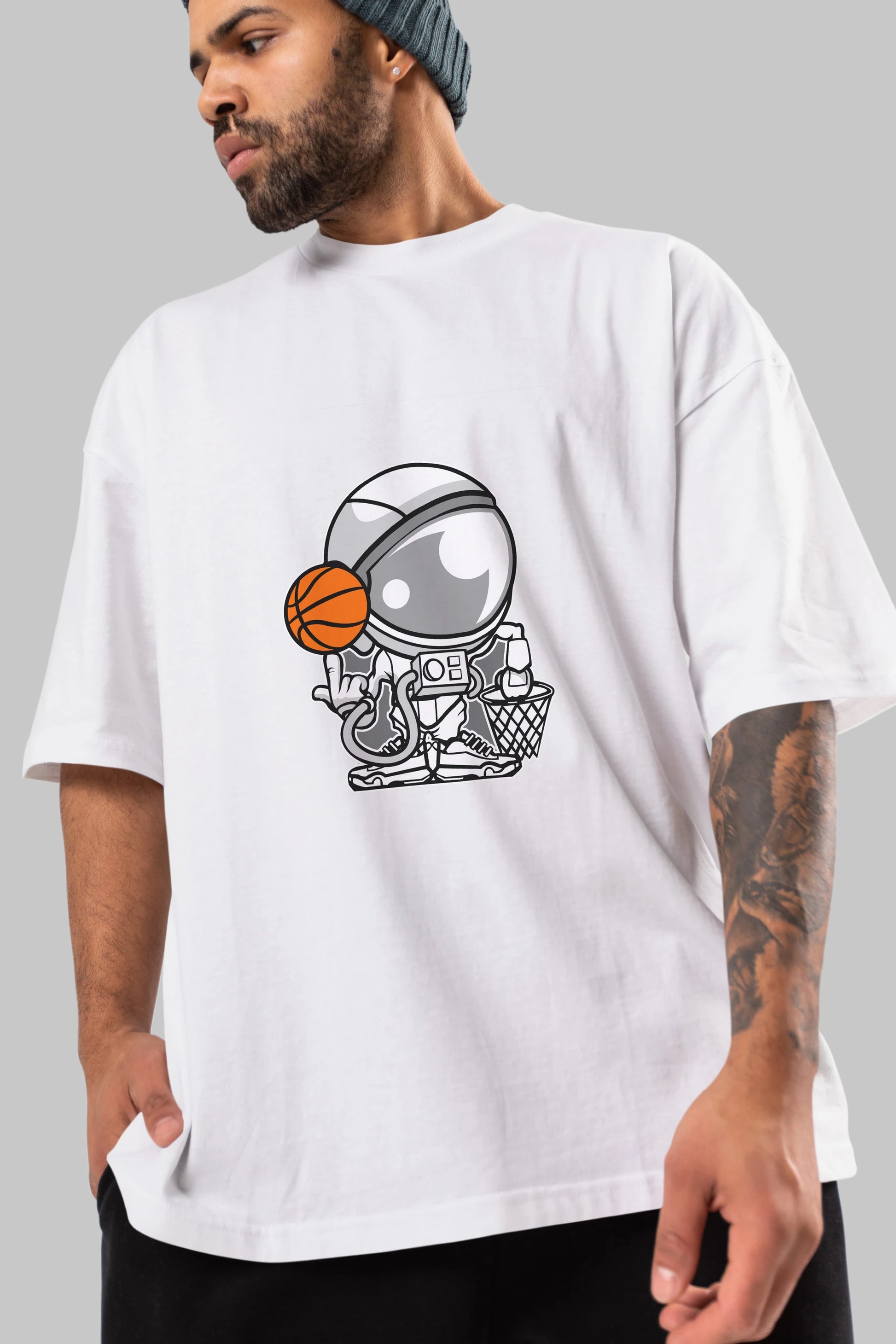 Astronaut Basketball Ön Baskılı Oversize t-shirt Erkek Kadın Unisex %100 Pamuk tişort