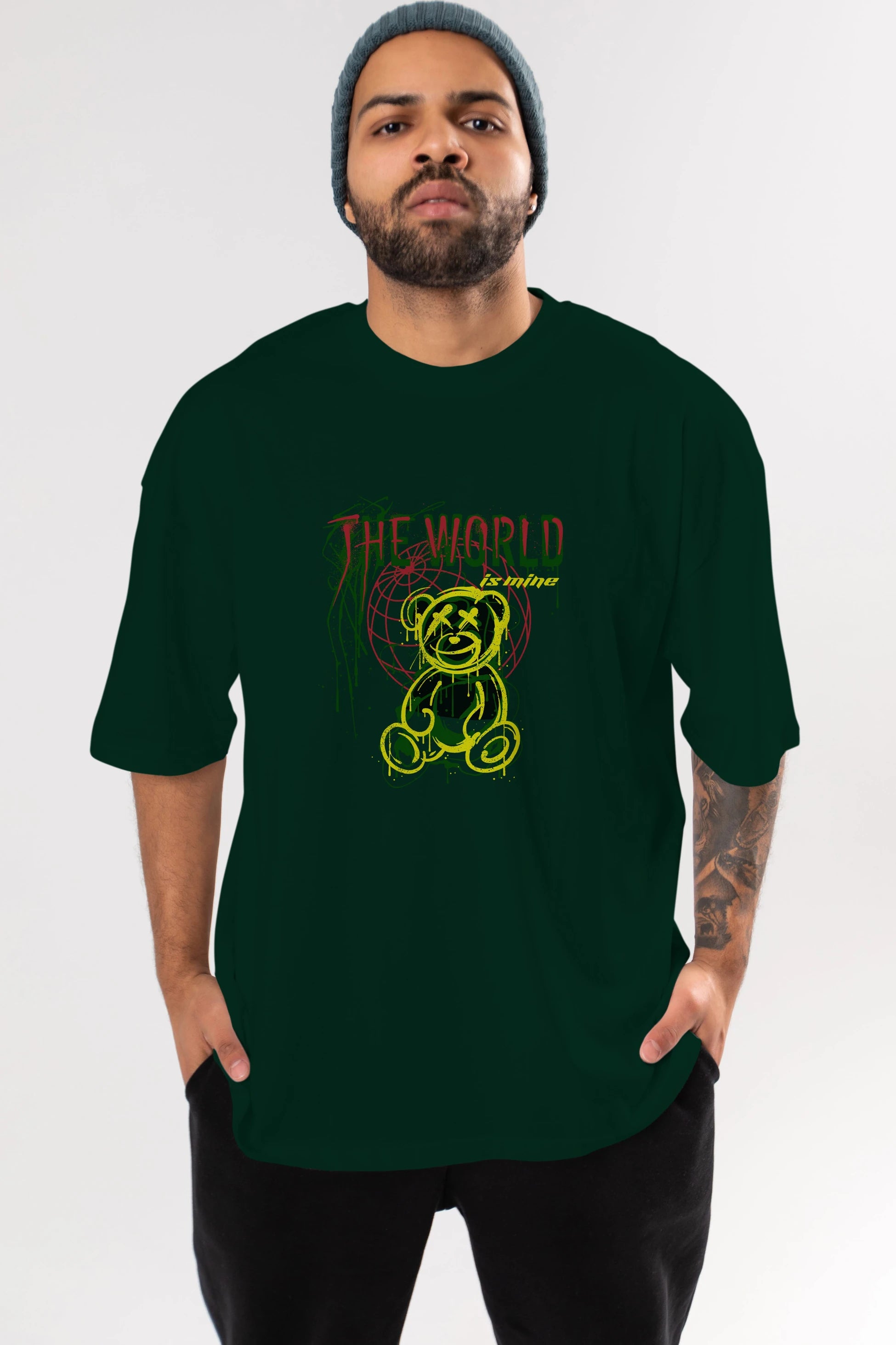 The World is Mine Bear Ön Baskılı Oversize t-shirt Erkek Kadın Unisex