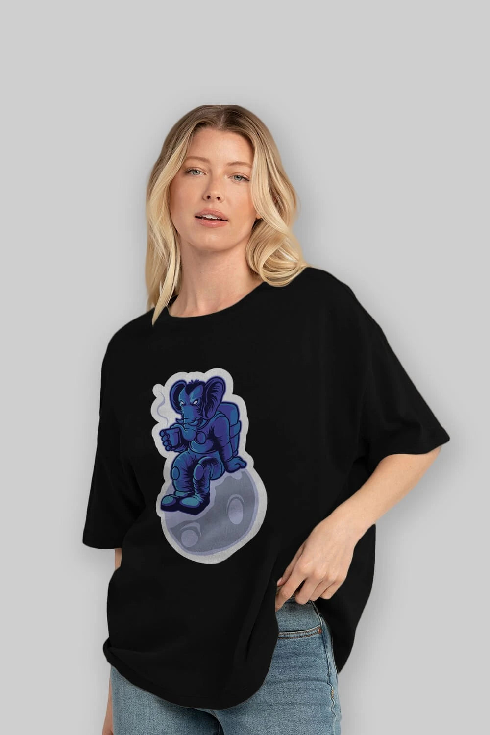 Space Elephant Drink Coffee Sticker Ön Baskılı Oversize t-shirt Erkek Kadın Unisex