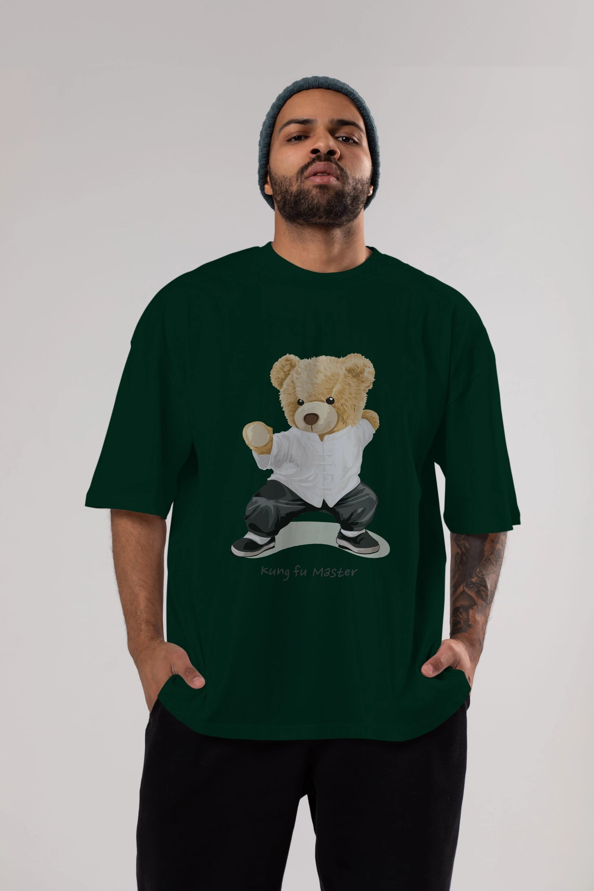 Teddy Bear Kung Fu Master Ön Baskılı Oversize t-shirt Erkek Kadın Unisex %100 Pamuk