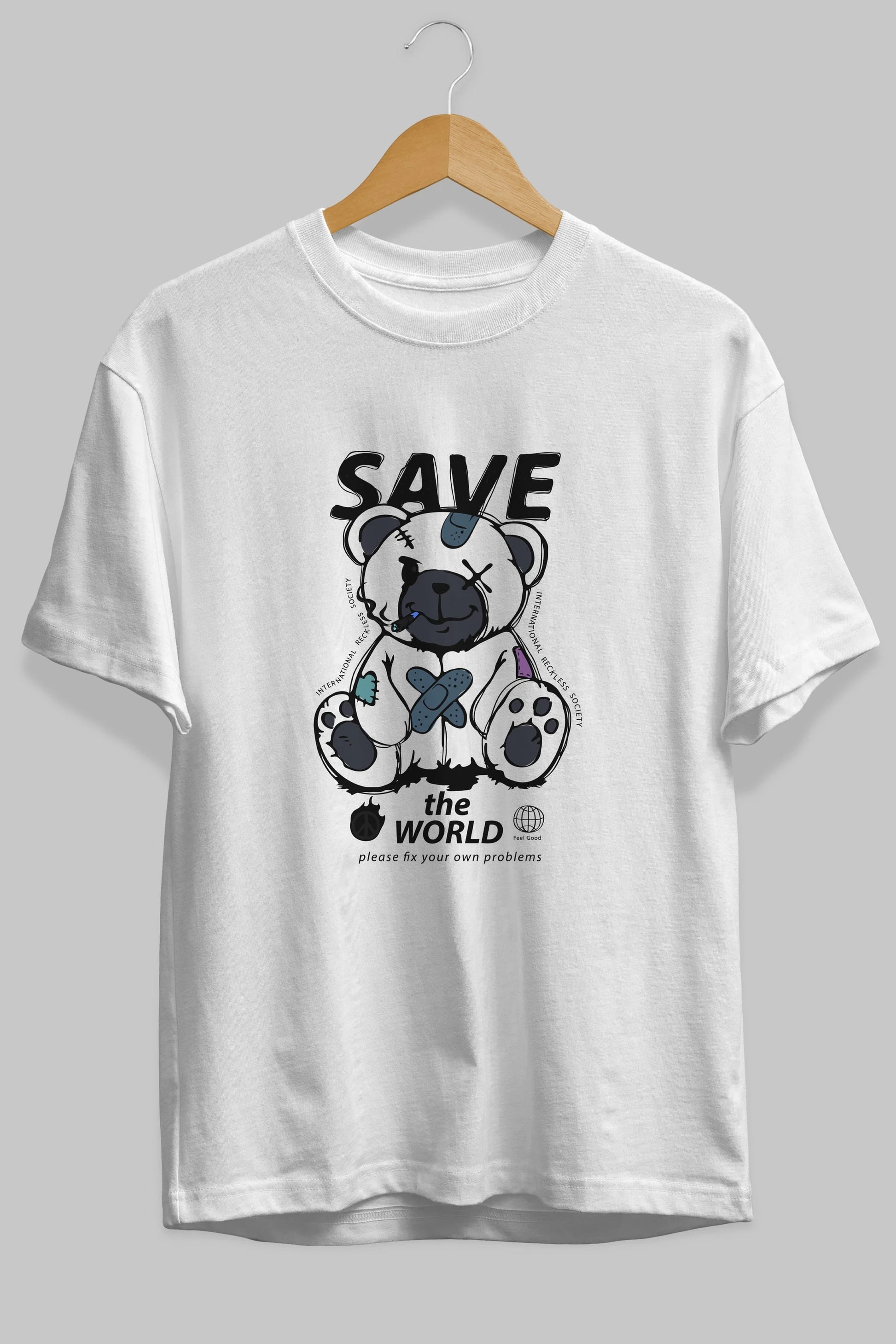 Save the World Bear Ön Baskılı Oversize t-shirt Erkek Kadın Unisex