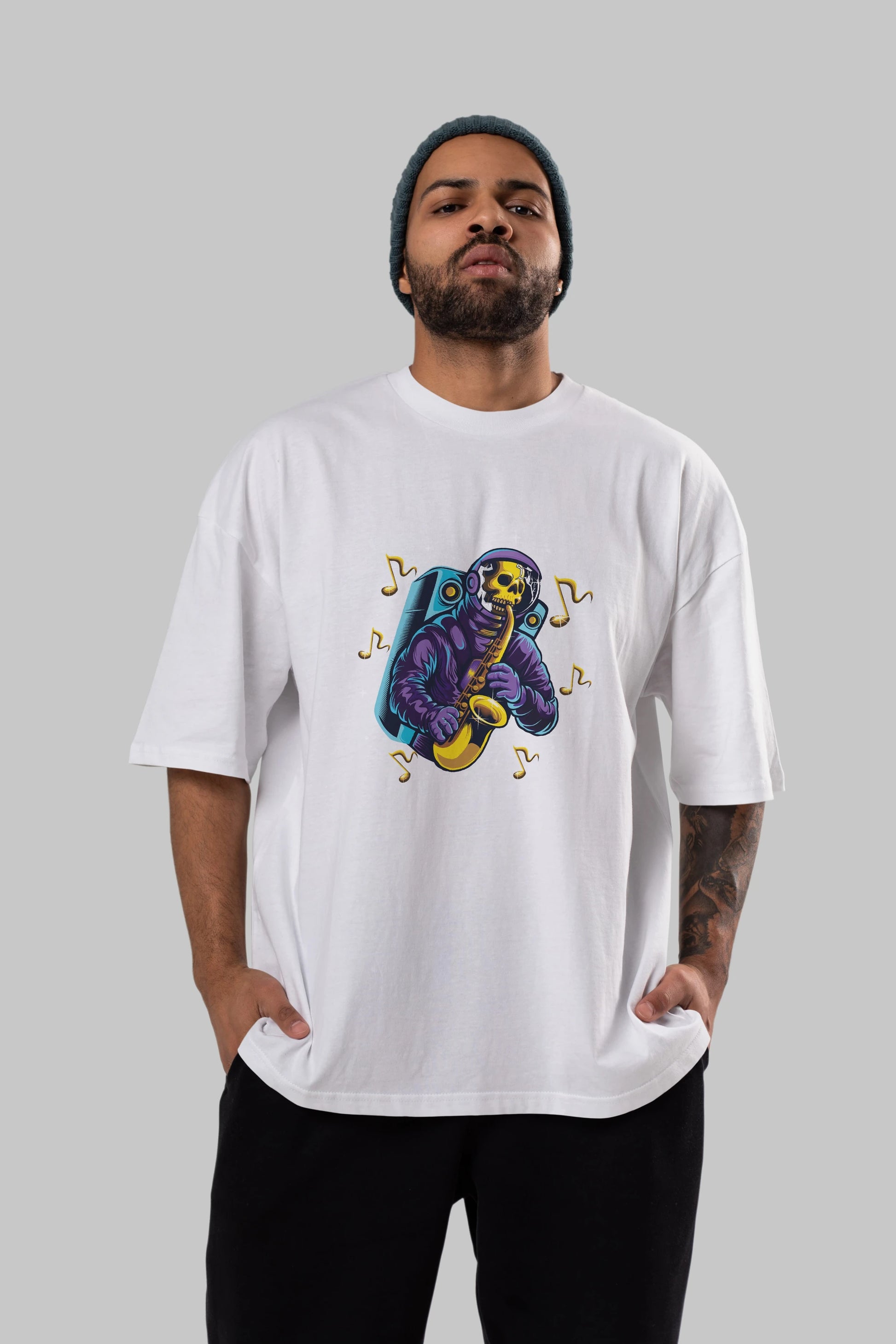 Astroskull Saxophonist Ön Baskılı Oversize t-shirt Erkek Kadın Unisex