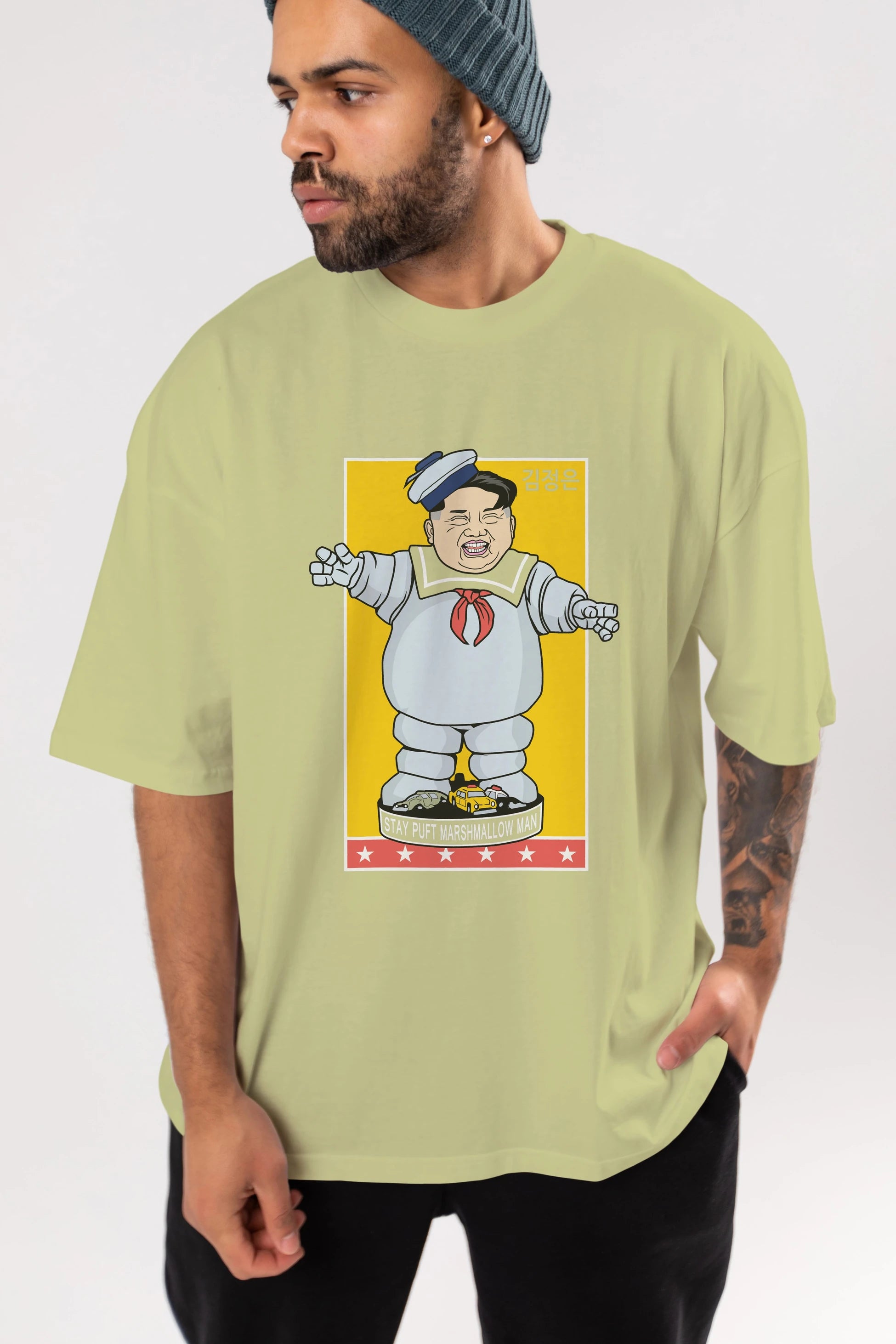 Stay Puft Jong Un Ön Baskılı Oversize t-shirt Erkek Kadın Unisex %100 Pamuk tişort
