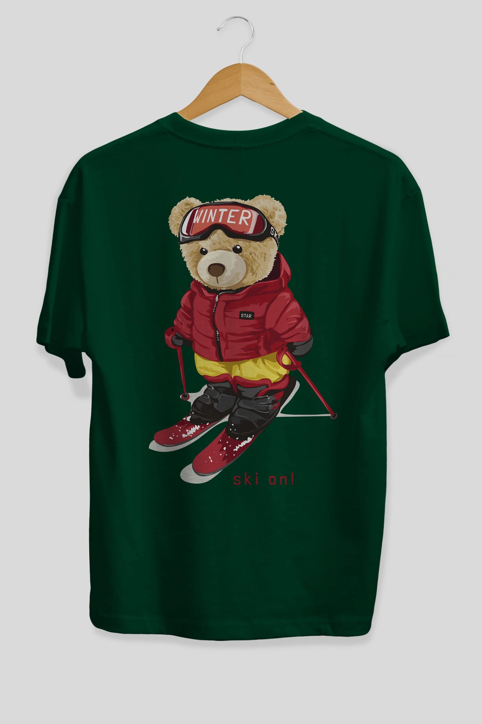 Teddy Bear Ski On Arka Baskılı Oversize t-shirt Erkek Kadın Unisex %100 Pamuk