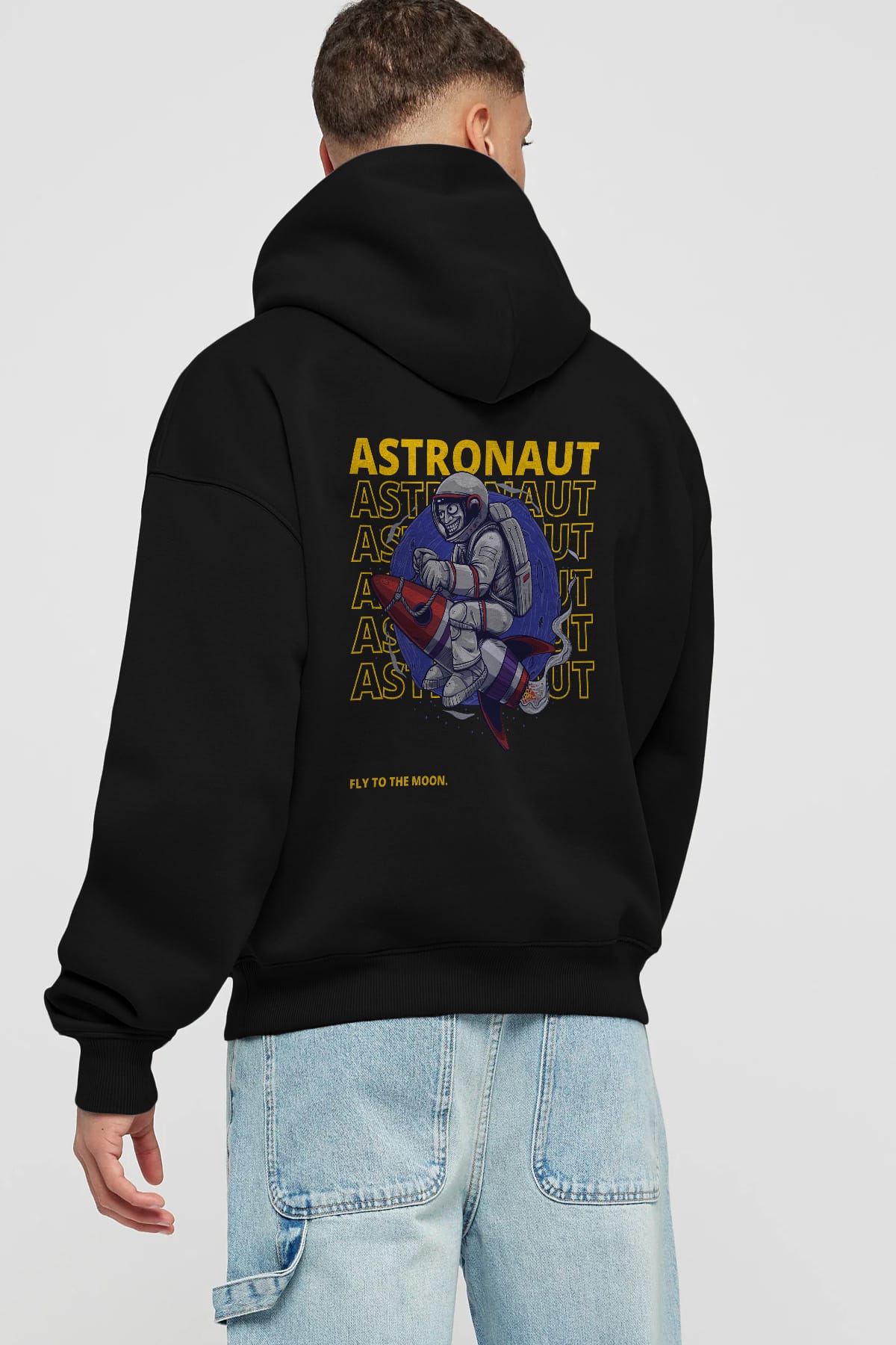 Astronaut Fly to the Moon Yazılı Arka Baskılı Oversize Hoodie Kapüşonlu Sweatshirt Erkek Kadın Unisex